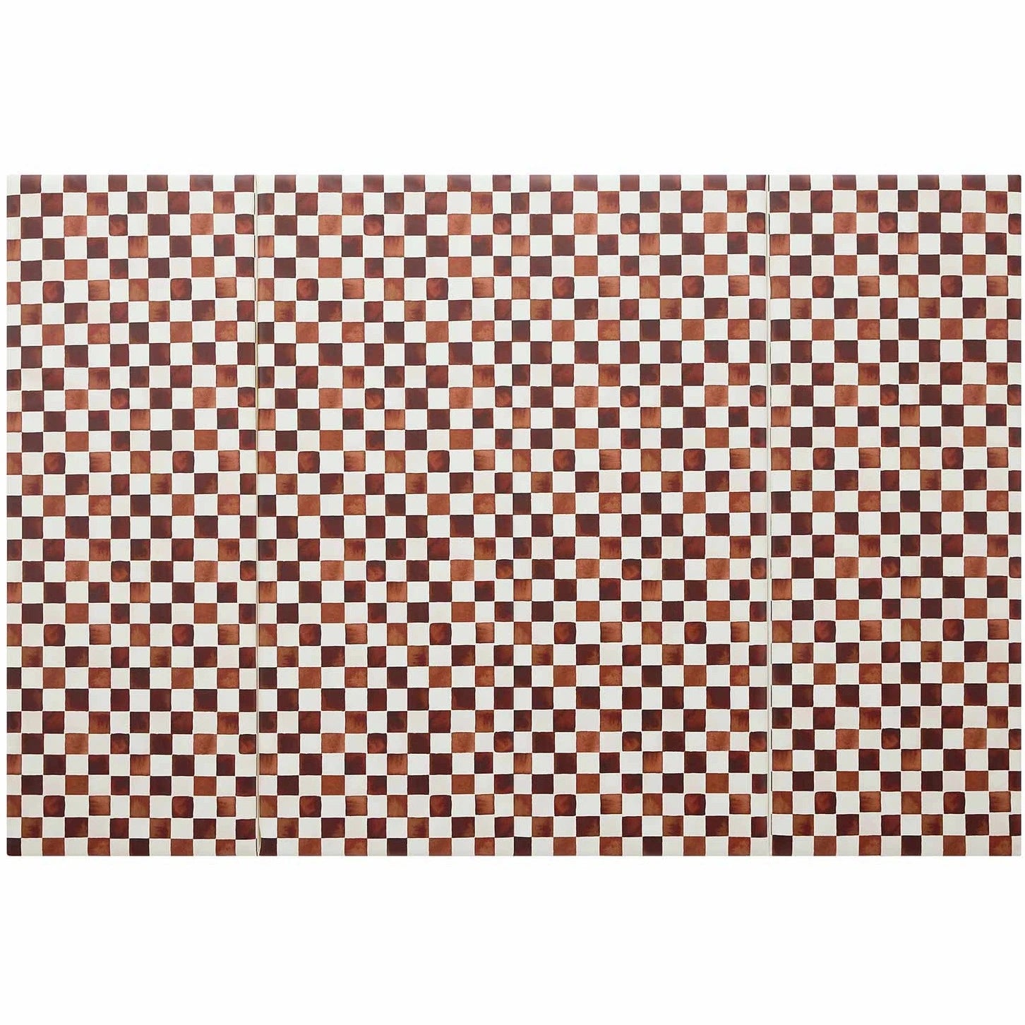 Overhead image of the checker cocoa brown and white geometric print tumbling mat in size 4x6