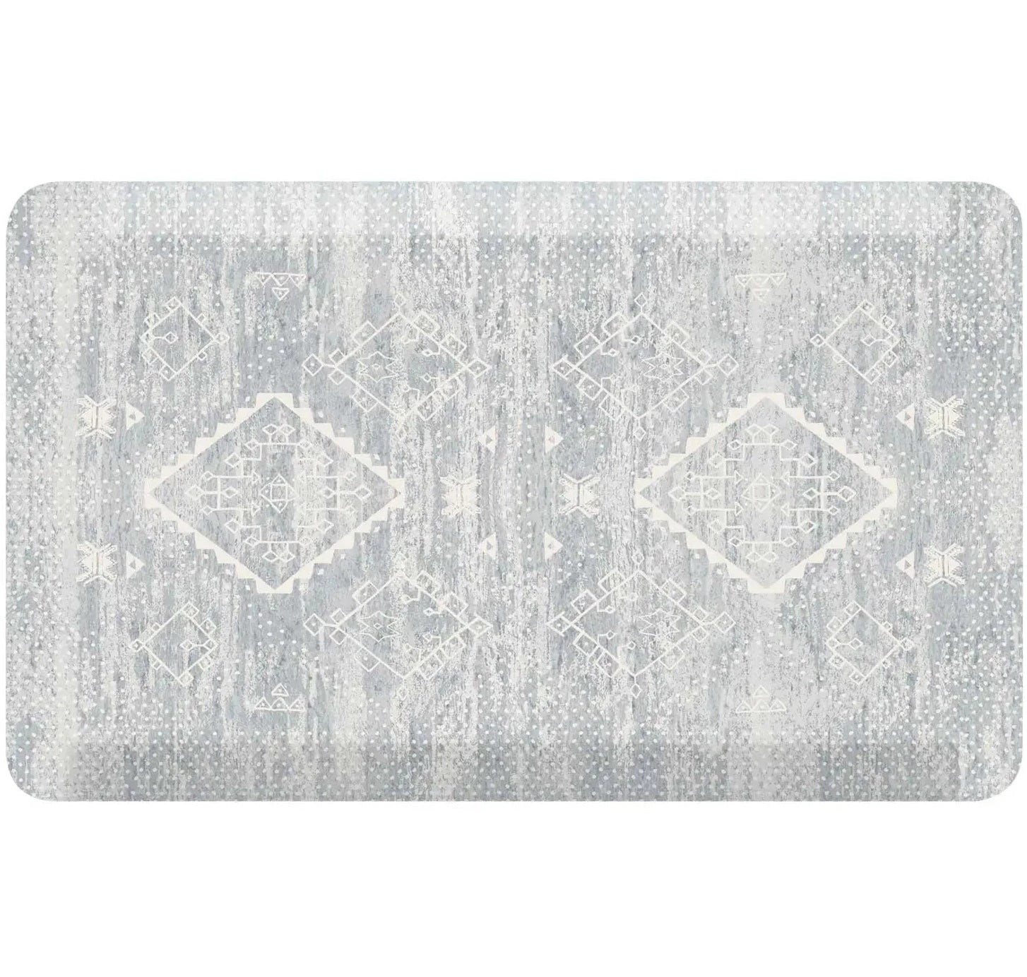 Overhead shot of the Ula gray and white Minimal Boho Pattern anti-fatigue kitchen mat shown in size 22x36
