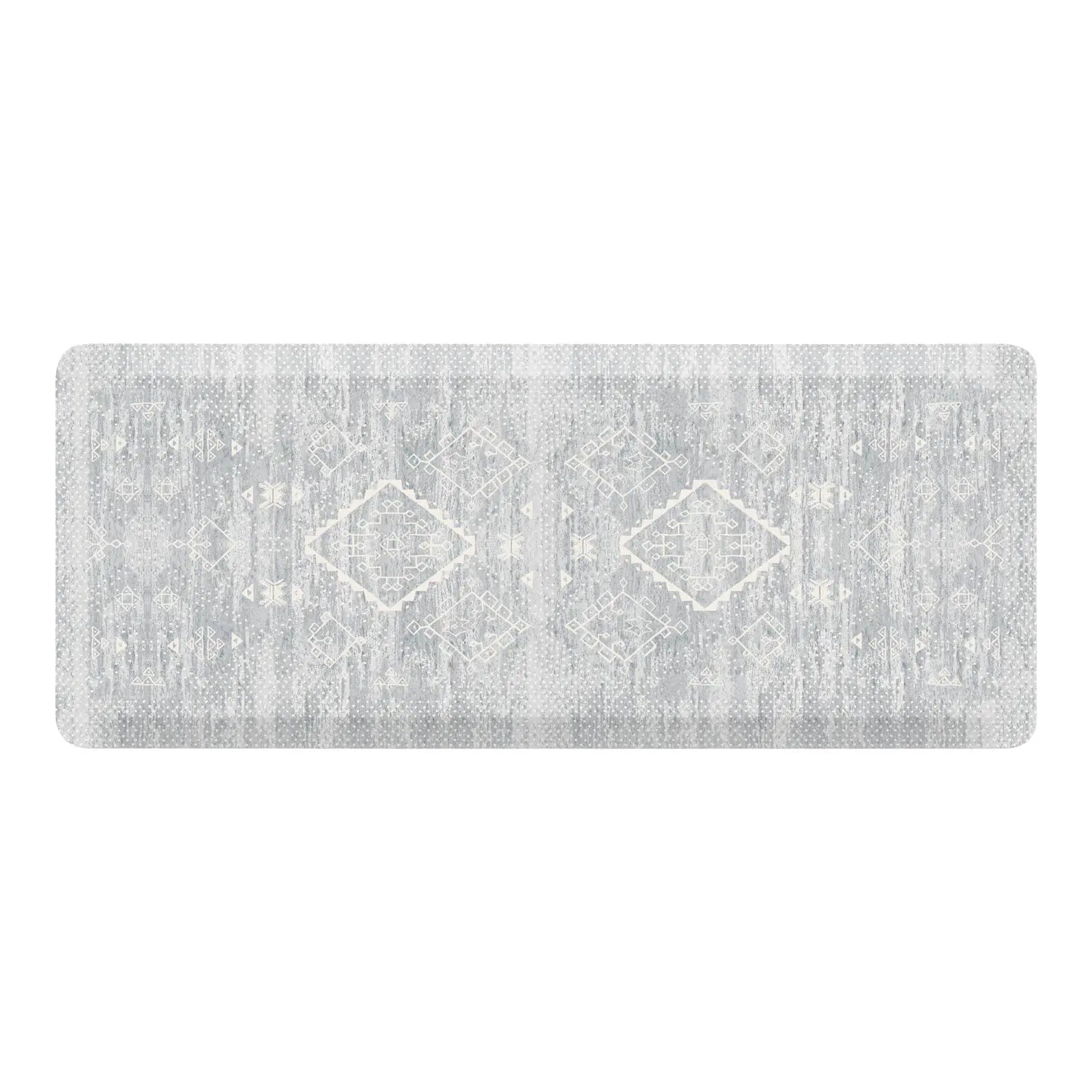 Overhead shot of the Ula gray and white Minimal Boho Pattern anti-fatigue kitchen mat shown in size 22x54