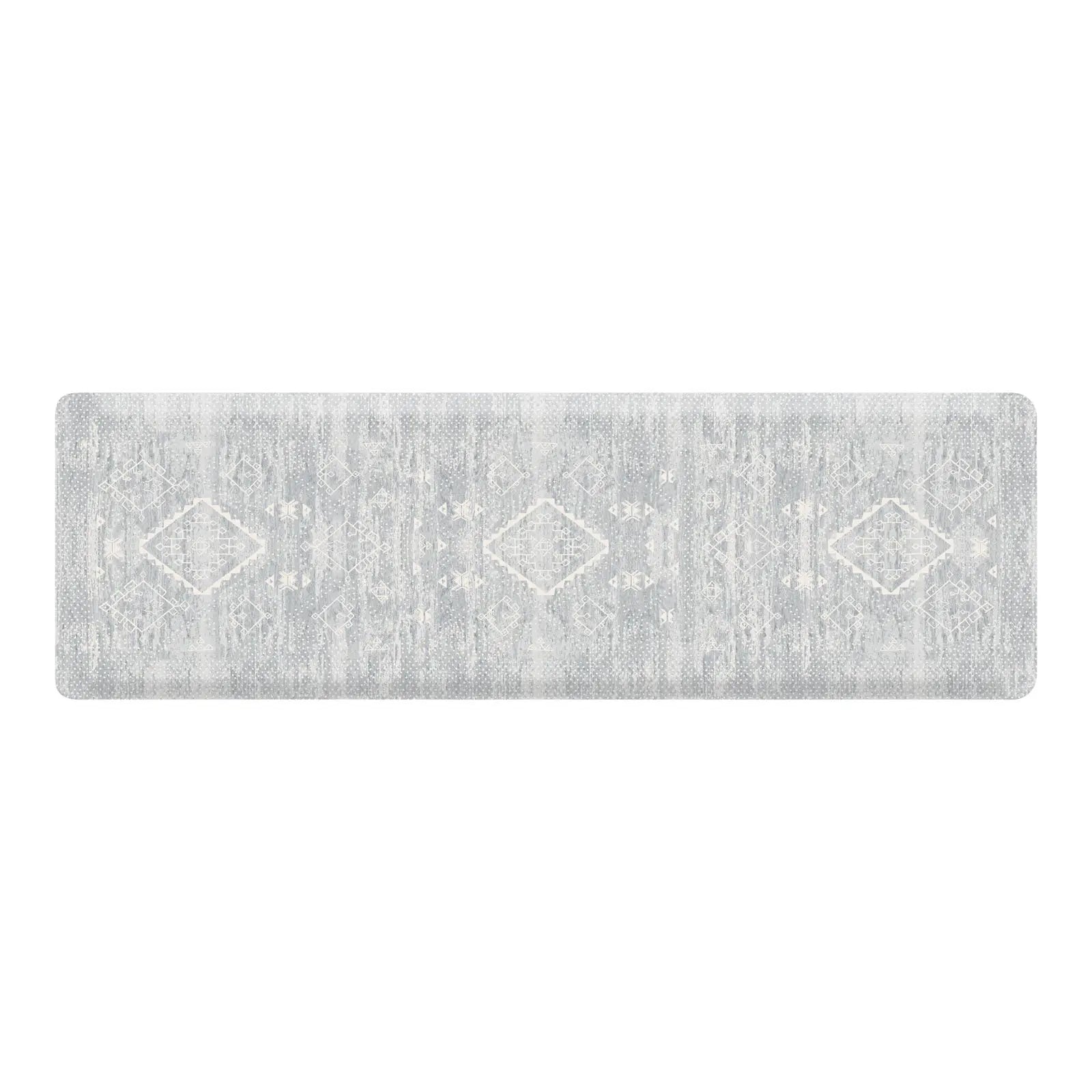 Overhead shot of the Ula gray and white Minimal Boho Pattern anti-fatigue kitchen mat shown in size 22x72