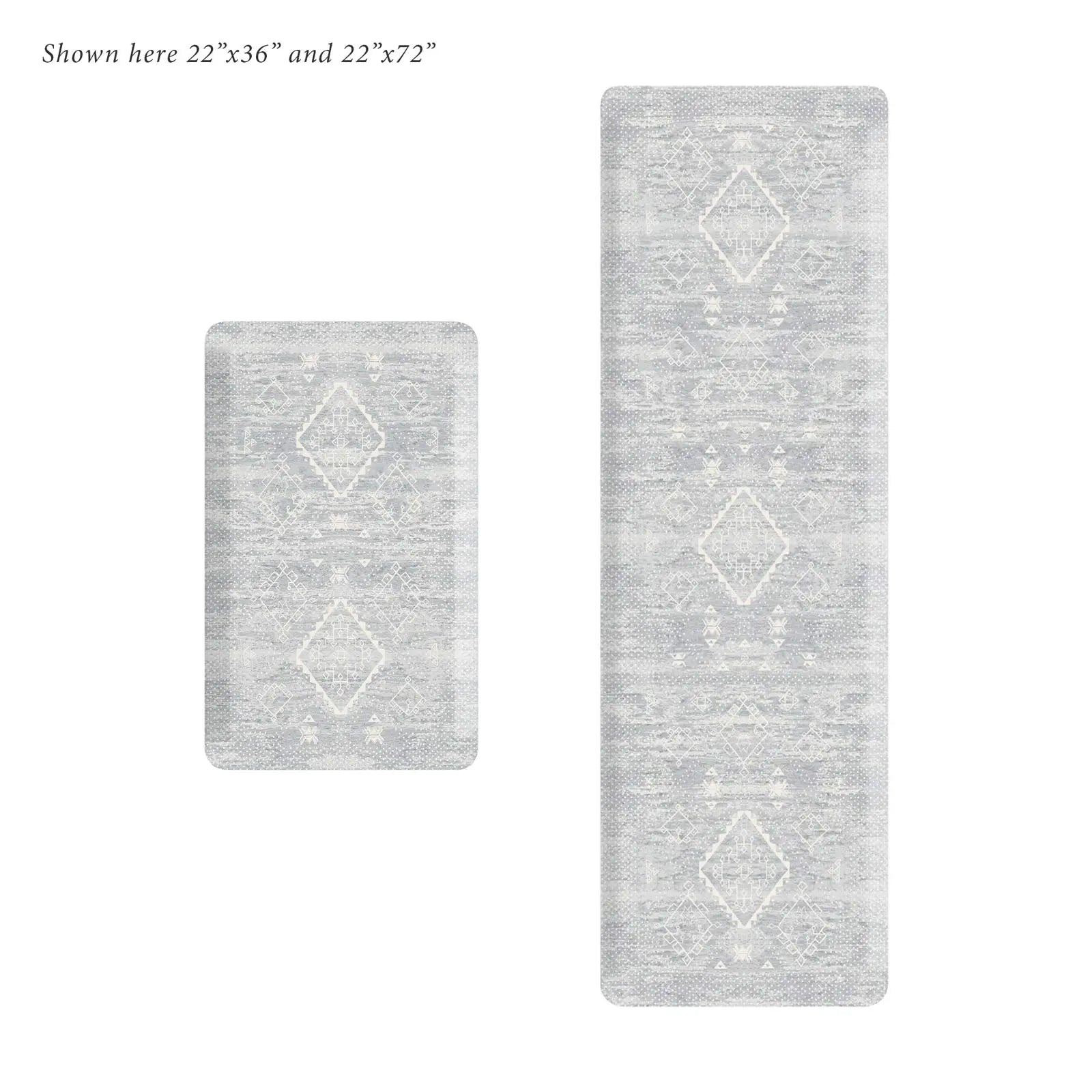 Ula gray and white Minimal Boho Pattern Standing Mat shown in sizes 22x36 and 22x72