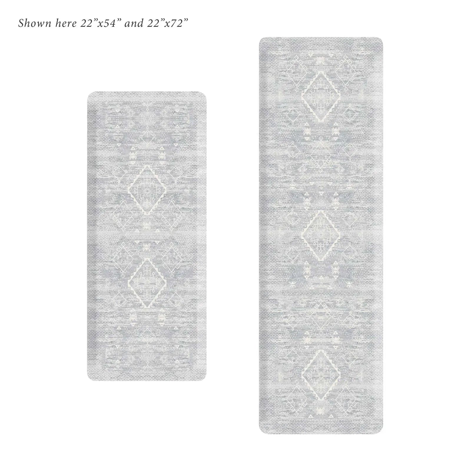 Ula gray and white Minimal Boho Pattern Standing Mat shown in sizes 22x54 and 22x54
