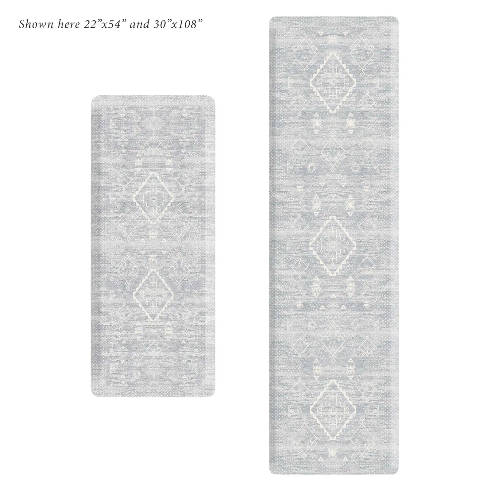 Ula gray and white Minimal Boho Pattern Standing Mat shown in sizes 22x54 and 30x108