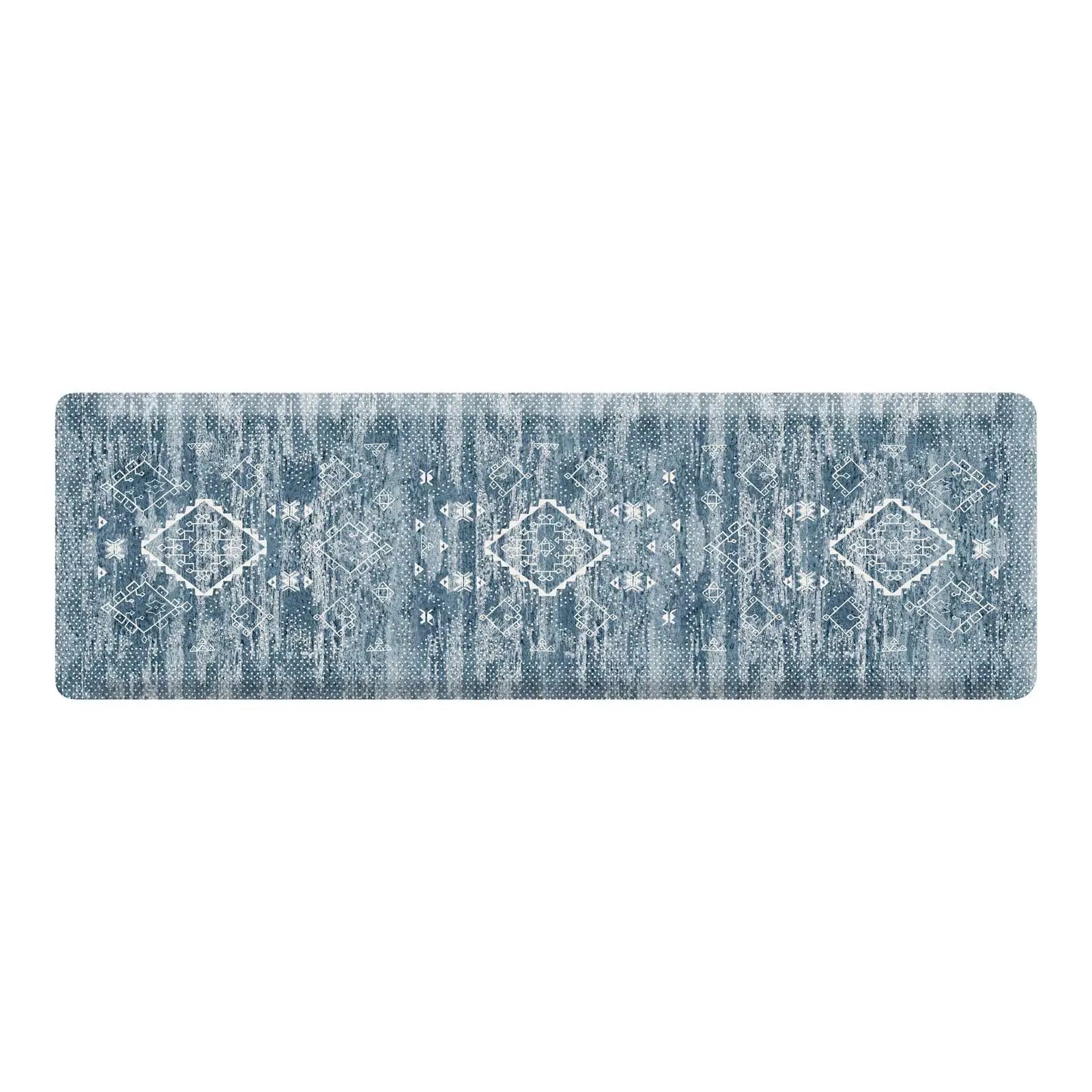 Ula Indigo Blue Minimal Boho Pattern kitchen mat shown in size 22x72