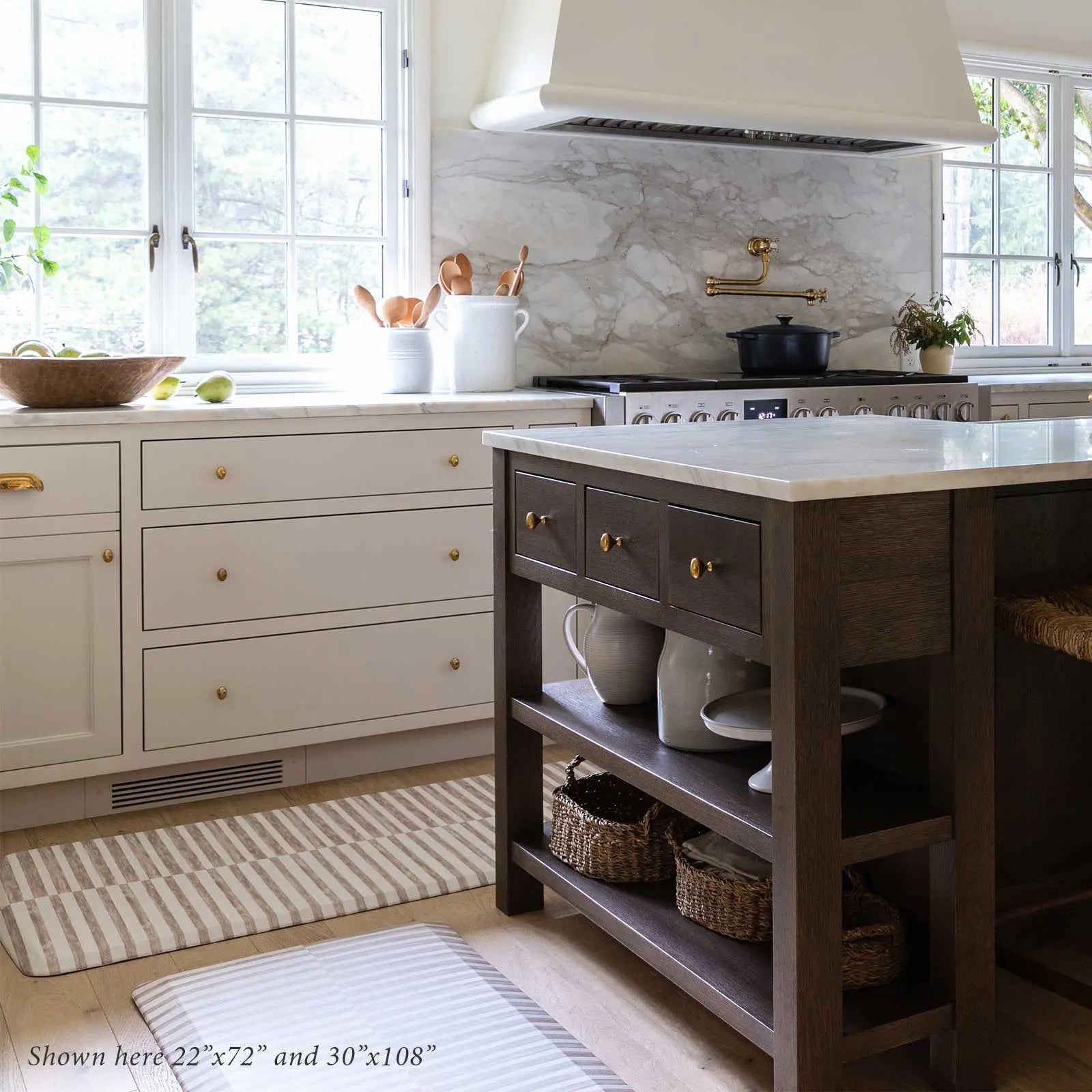 Reese chai beige and white inverted stripe standing mat shown in kitchen in sizes 22x72 and 30x108