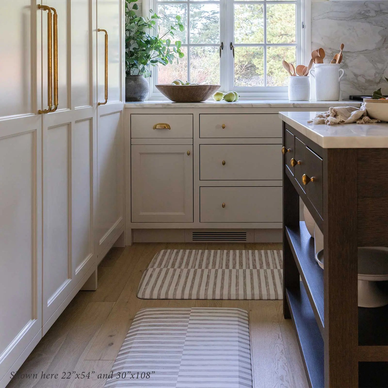 Reese chai beige and white inverted stripe standing mat in kitchen in sizes 22x54 and 30x108