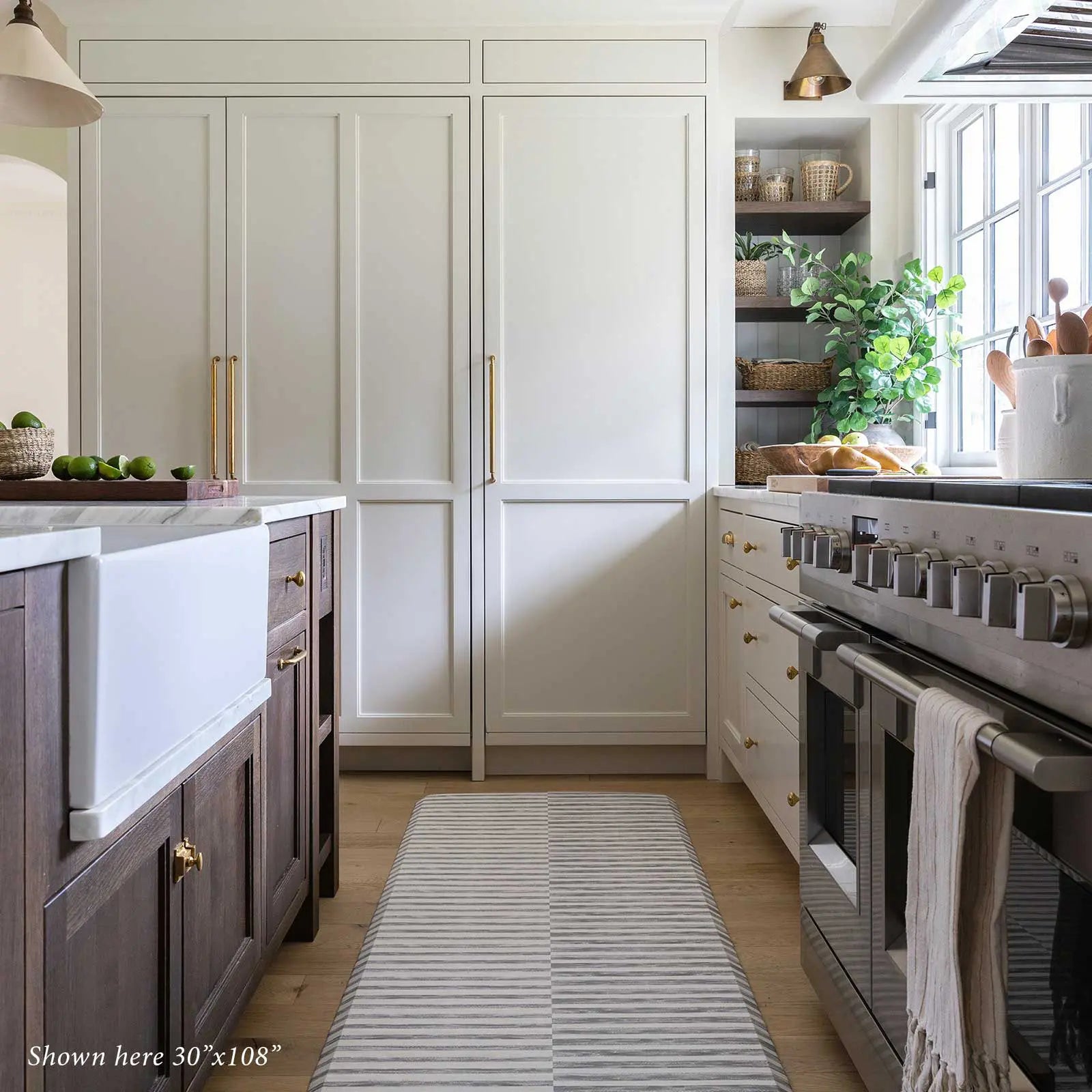 Reese pewter gray and white inverted stripe standing mat shown in kitchen in size 30x108