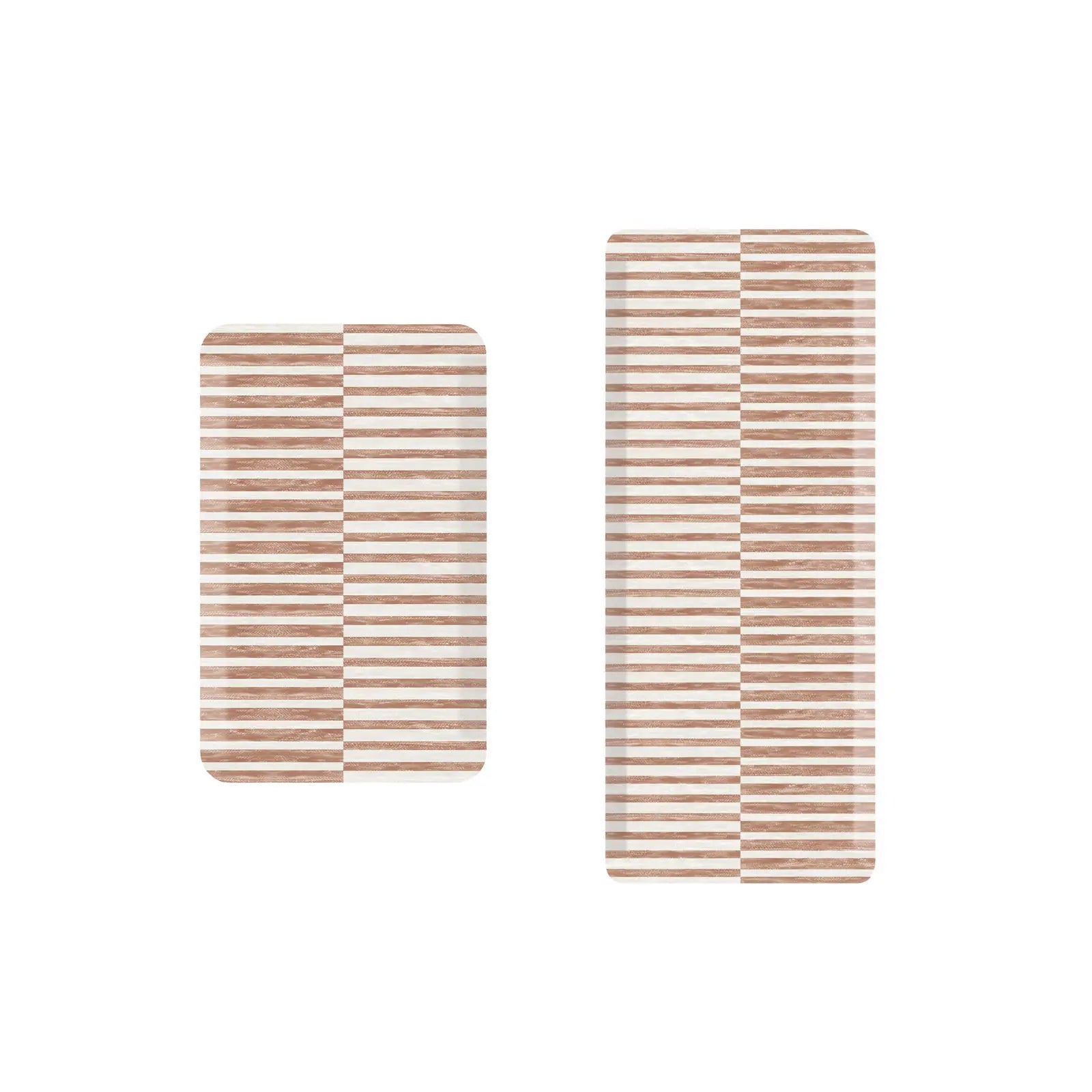 Reese terracotta brown and white striped standing mat shown in sizes 22x36 and 22x54