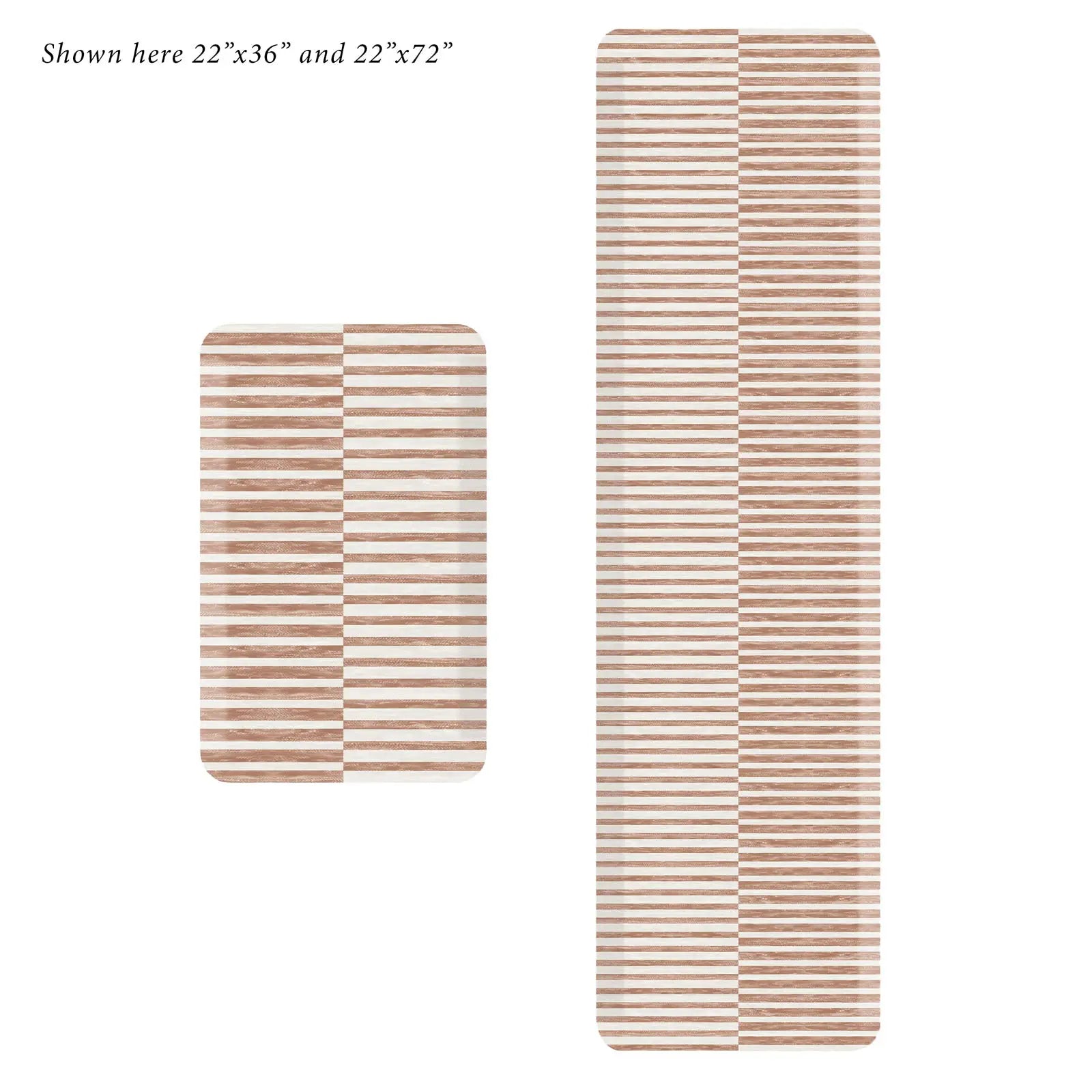 Reese terracotta brown and white striped standing mat shown in sizes 22x36 and 22x7272
