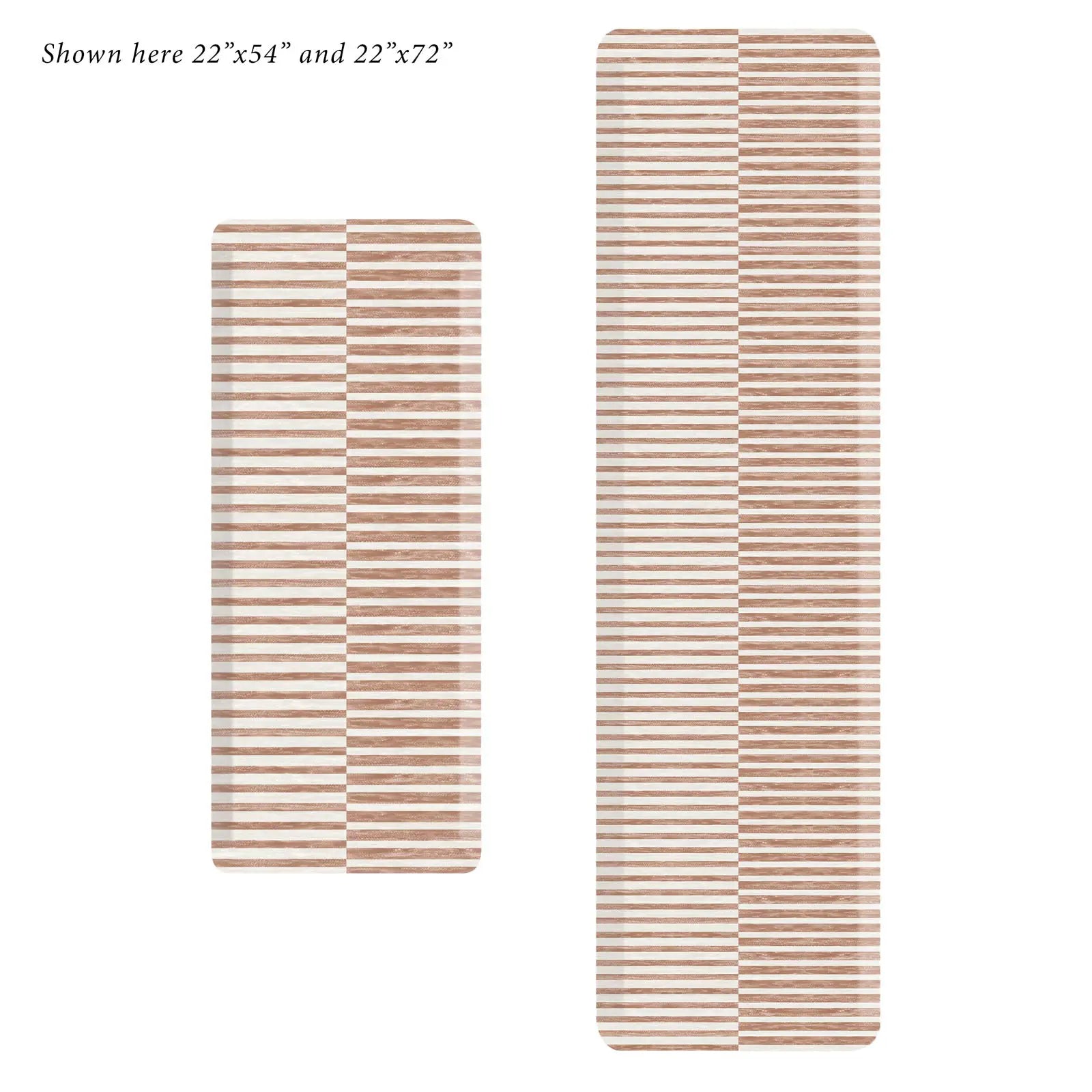 Reese terracotta brown and white striped standing mat shown in sizes 22x54 and 22x72