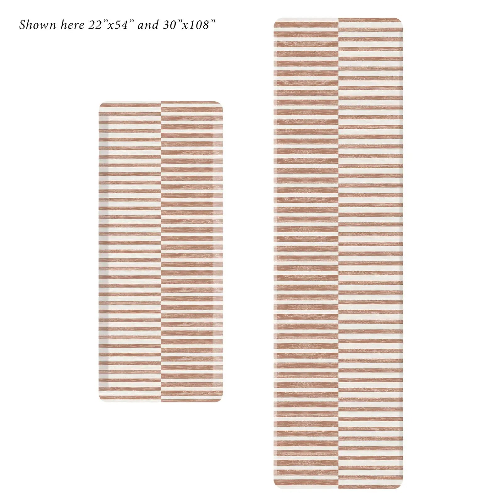 Reese terracotta brown and white striped standing mat shown in sizes 22x54 and 30x108