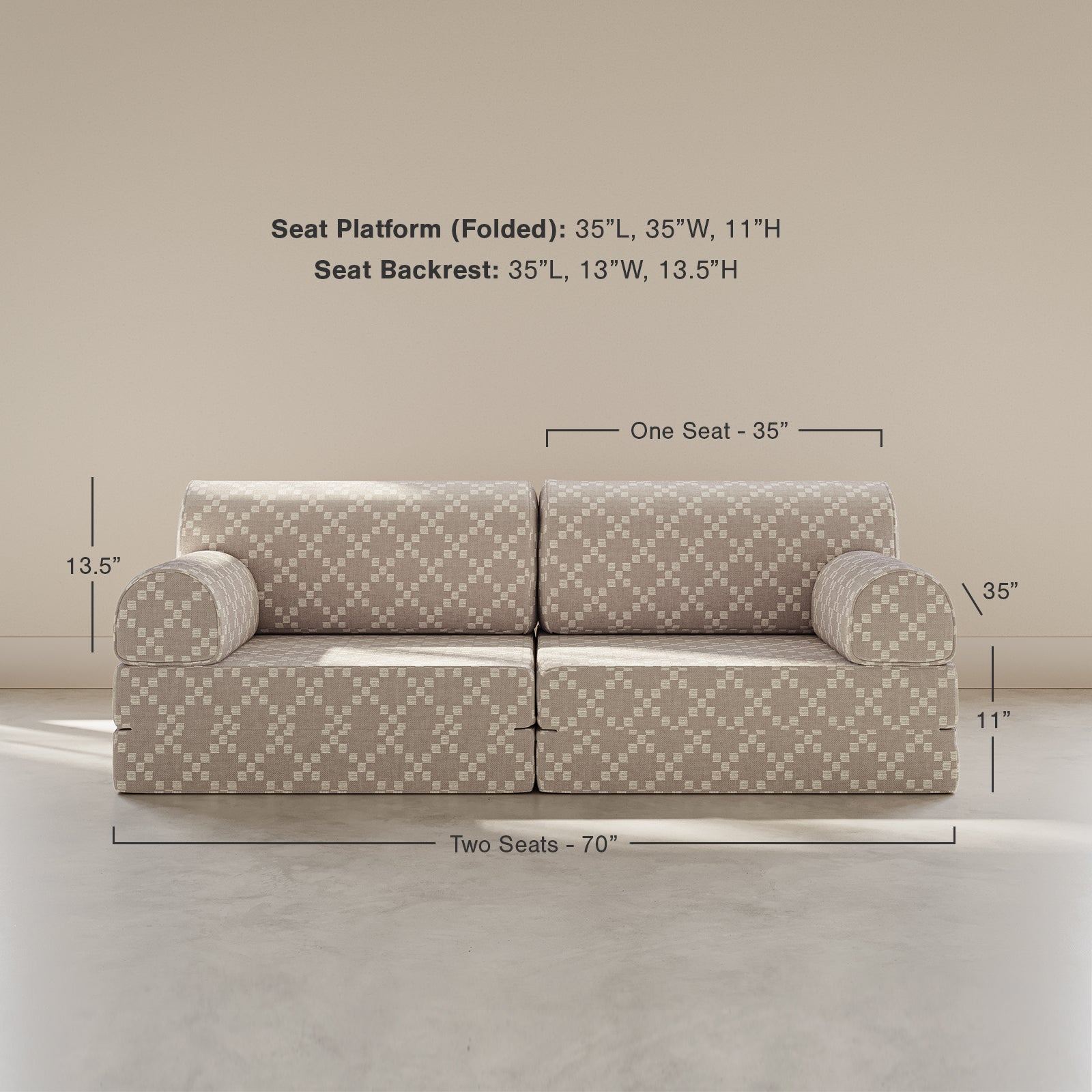 Beige and white pattern sofa with dimensions on a beige background