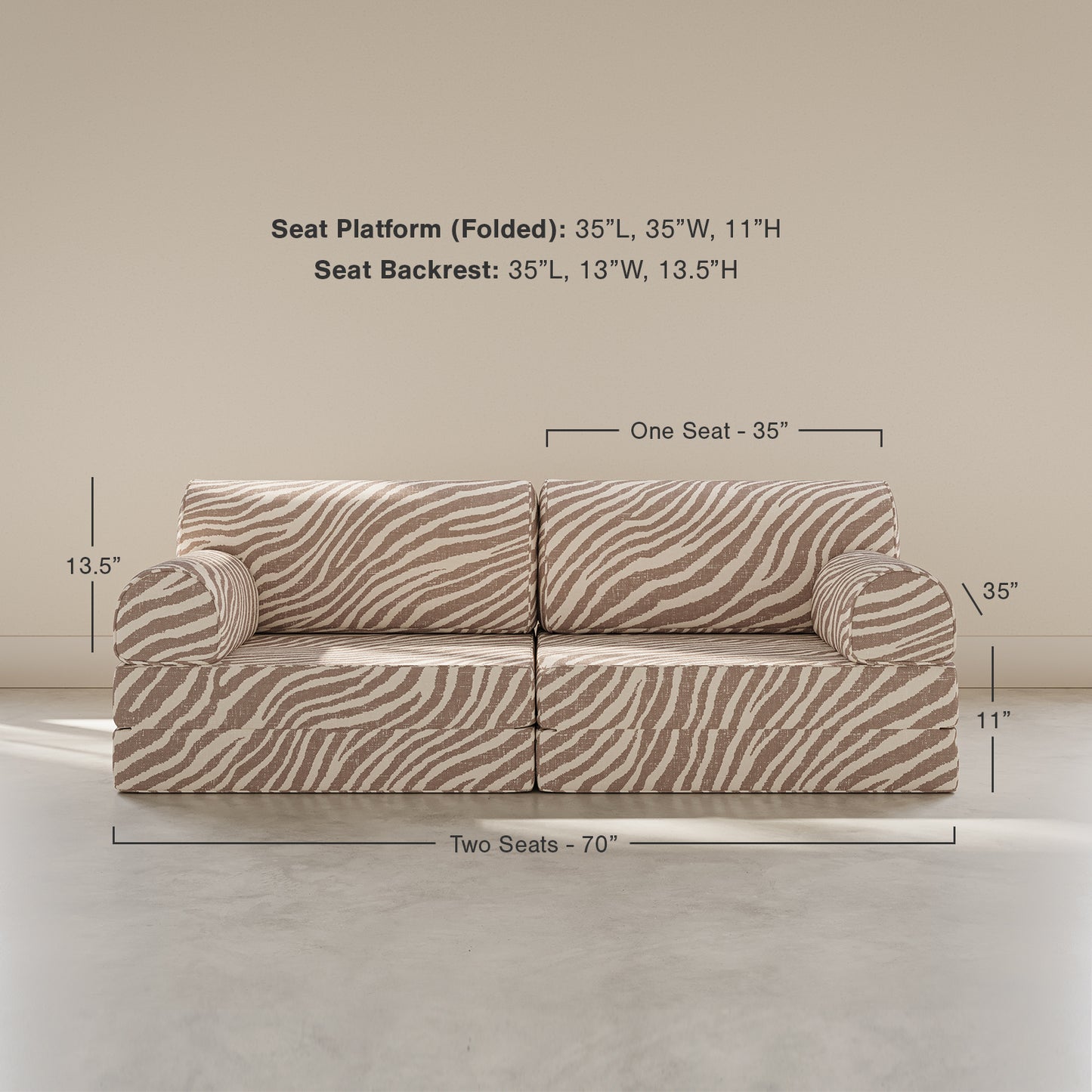 Zebra-patterned sofa with dimensions labeled on a plain background