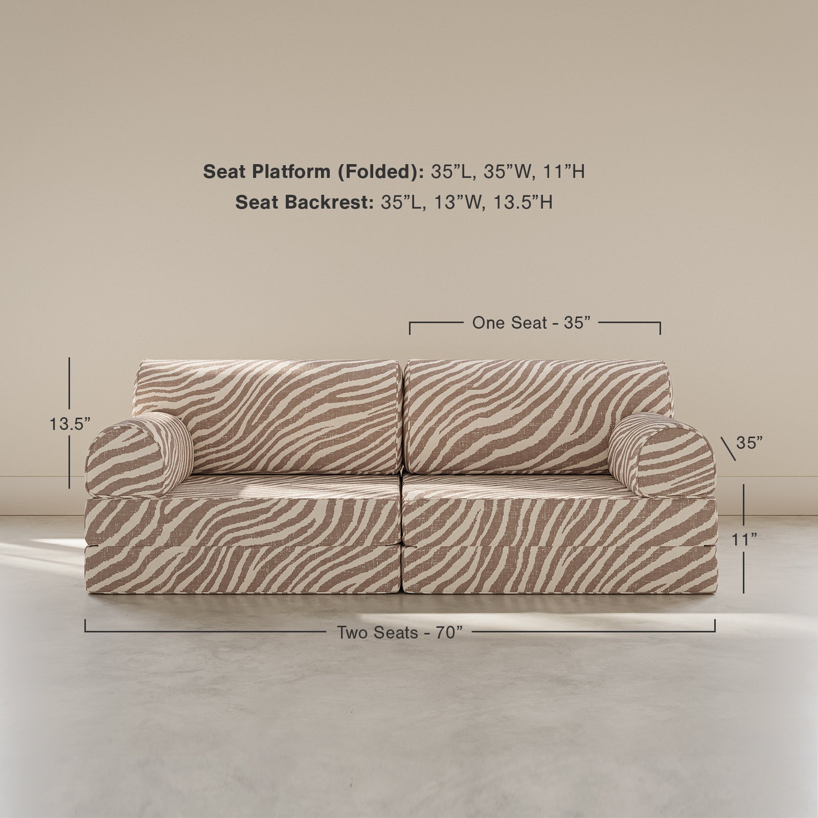 Zebra-patterned sofa with dimensions labeled on a plain background