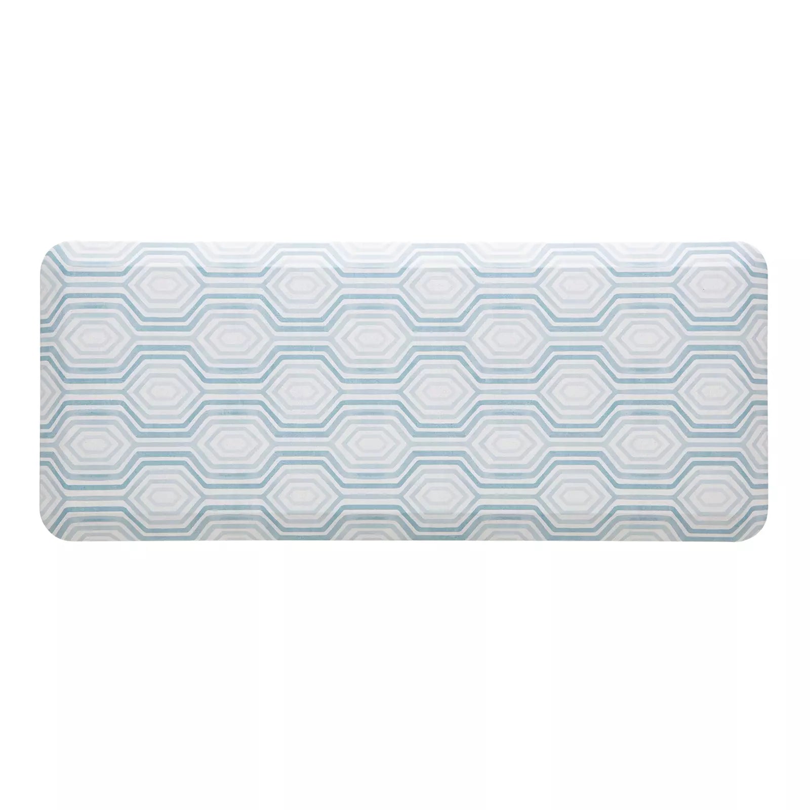 Blake waves blue and white mod preppy geometric print kitchen mat shown in size 20x48
