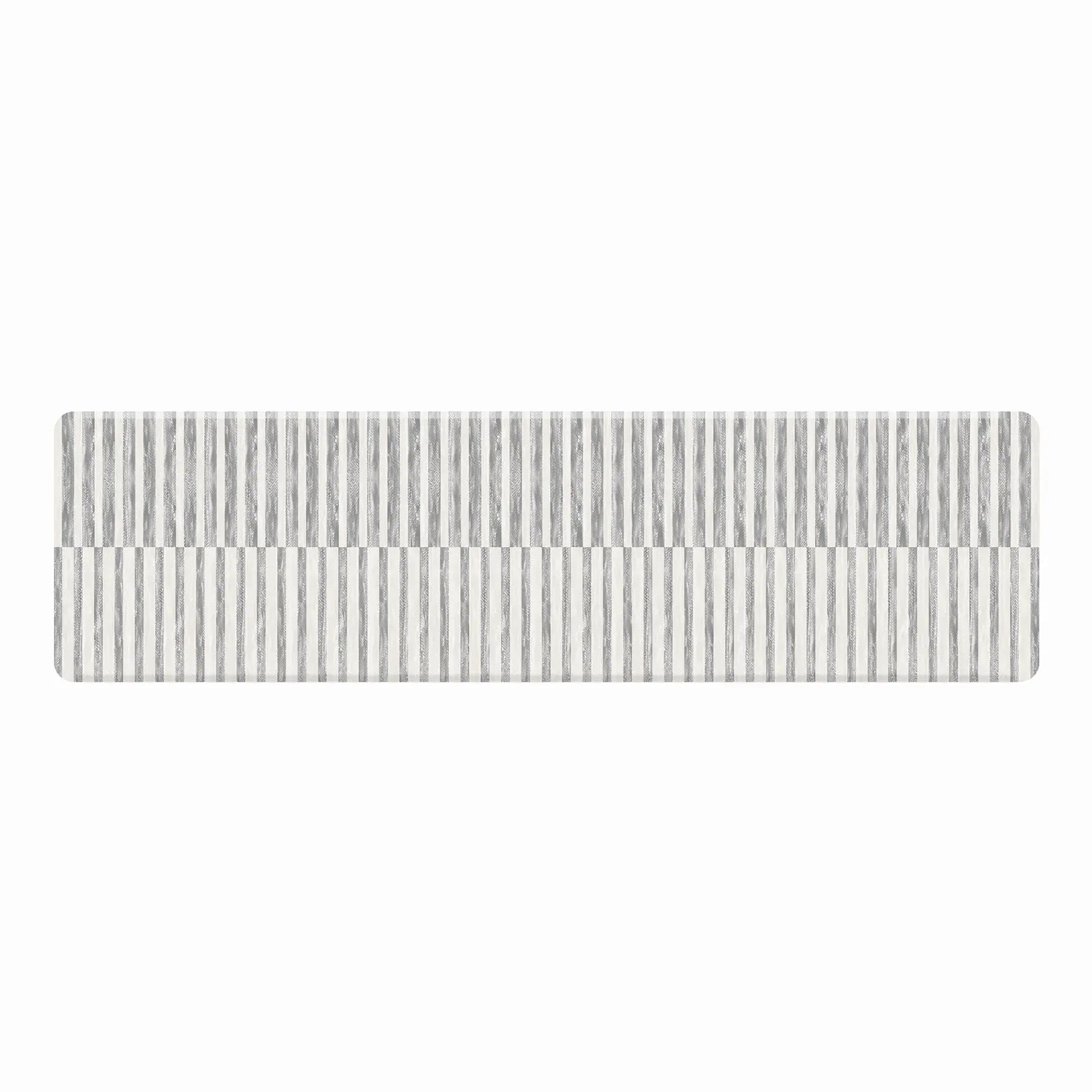 Reese pewter gray and white inverted stripe standing mat shown in size 30x108