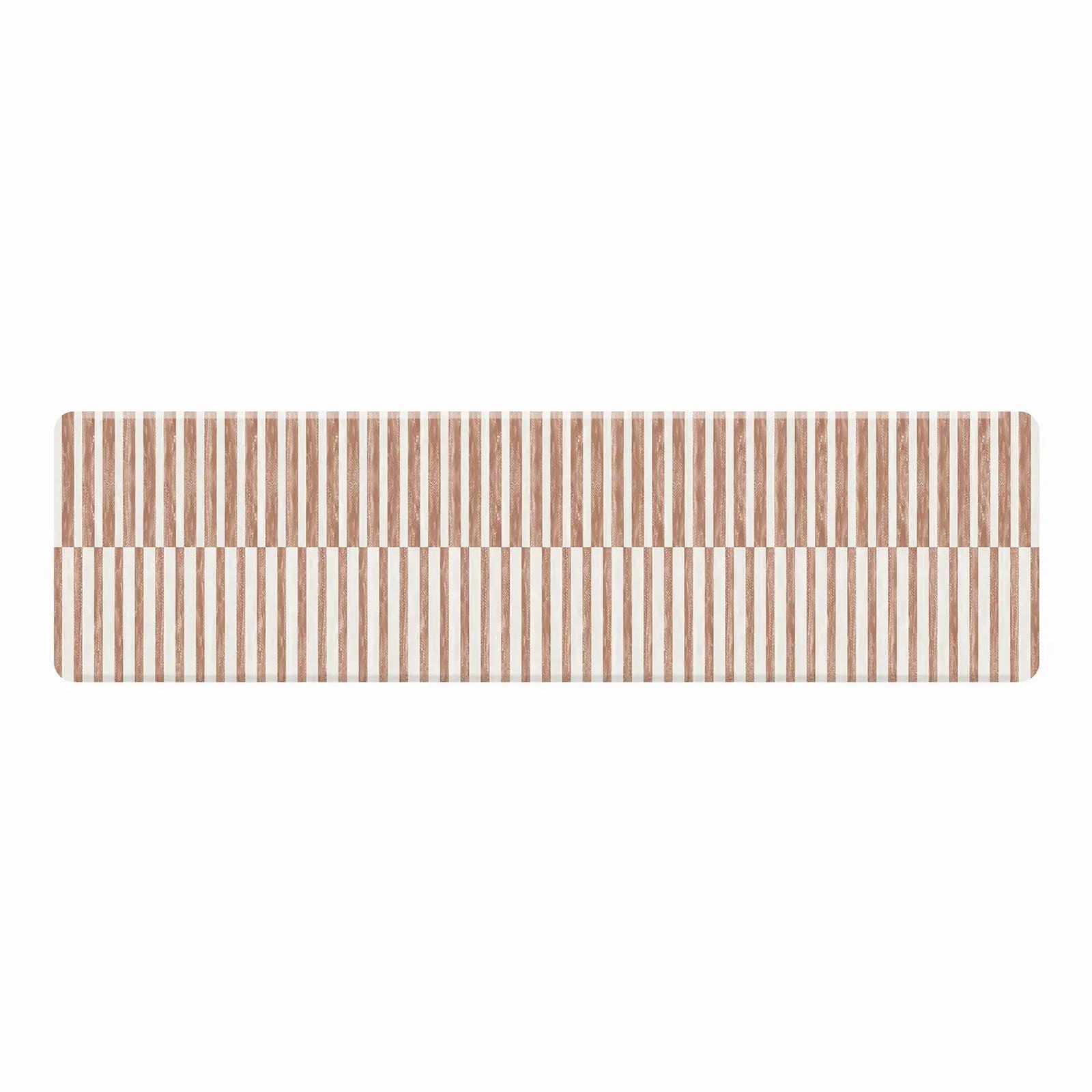 Reese terracotta brown and white inverted stripe standing mat shown in size 30x108