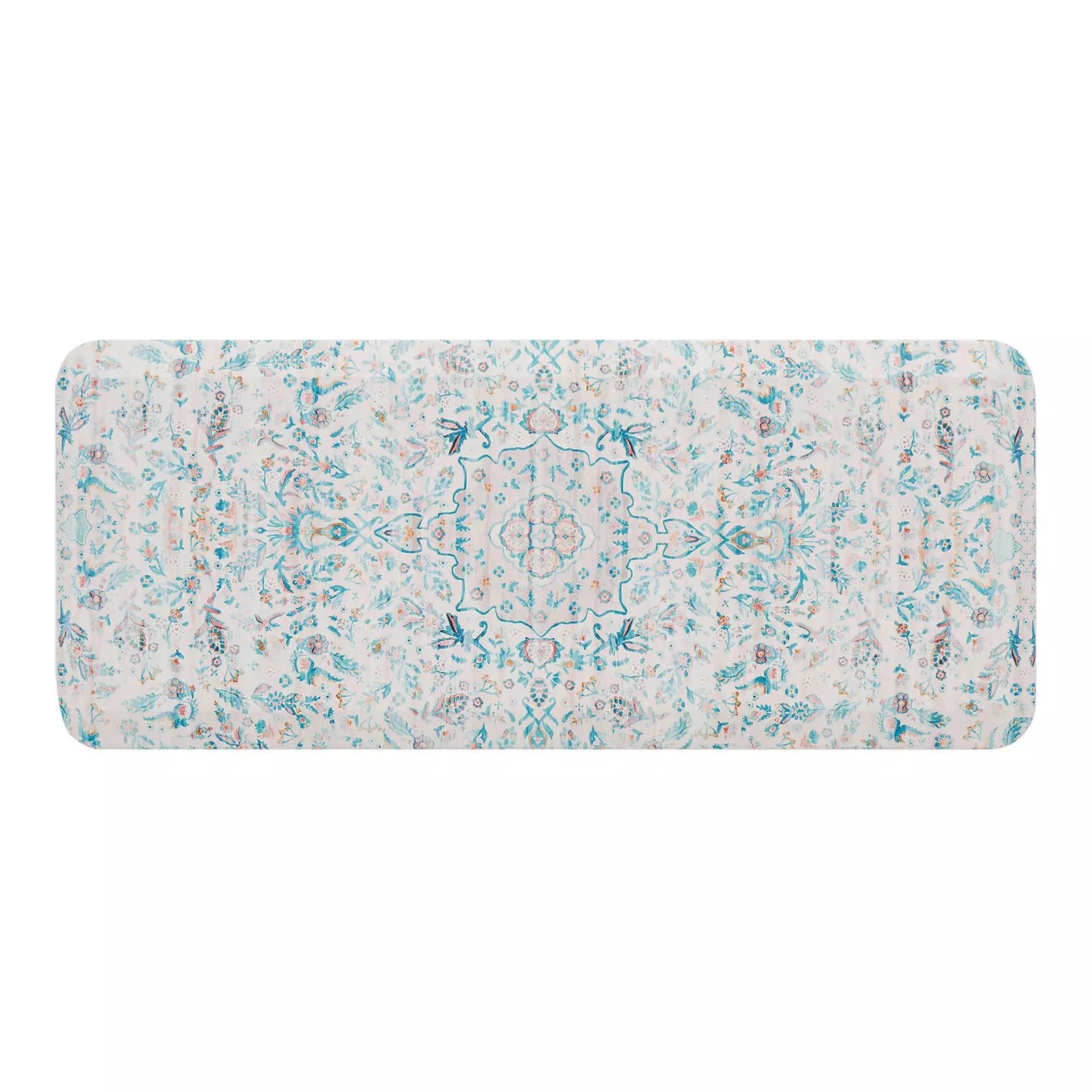 Emile Pale Aqua Muted Blue Pink Floral Boho Standing Mat shown in size 20x48