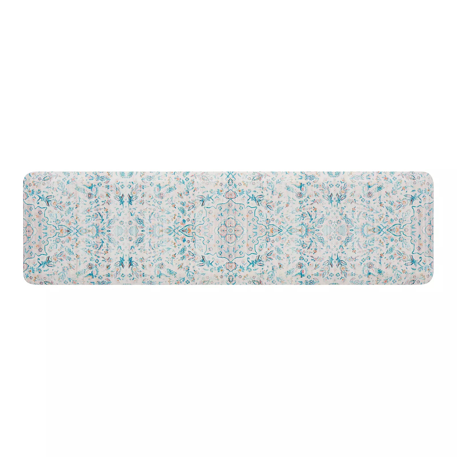 Emile Pale Aqua Muted Blue Pink Floral Boho Standing Mat shown in size 20x72
