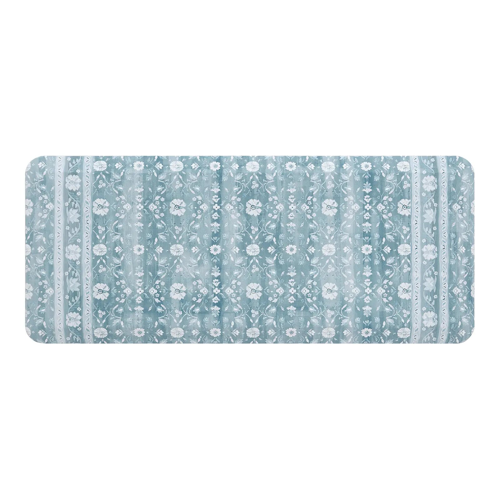 Nama standing mat Gemma sea blue floral kitchen mat shown in size 20x48