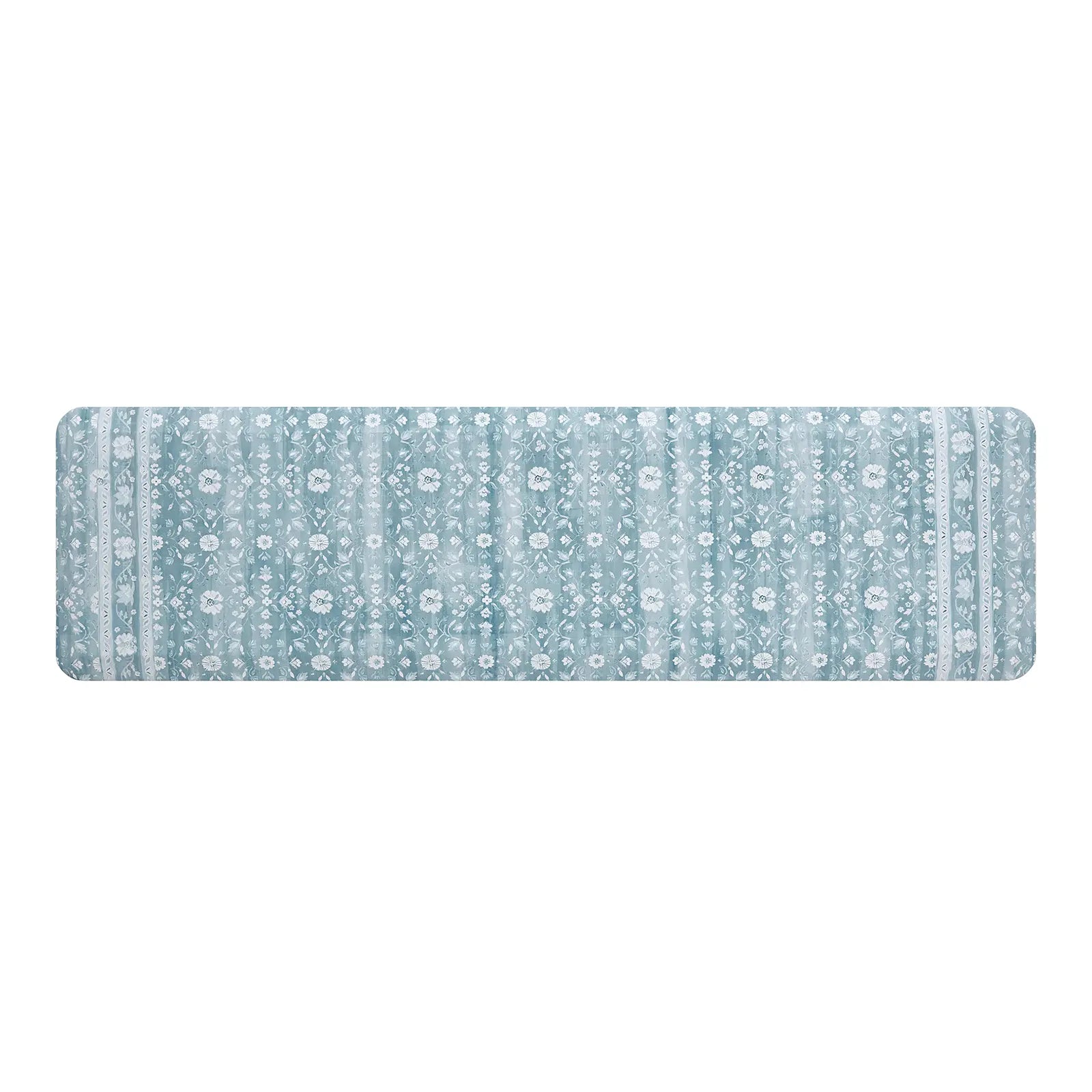 Nama standing mat Gemma sea blue floral kitchen mat shown in size 20x72