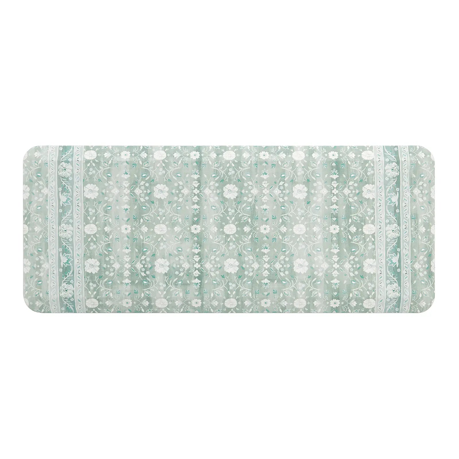 Nama standing mat Gemma white sage green floral kitchen mat shown in size 20x48