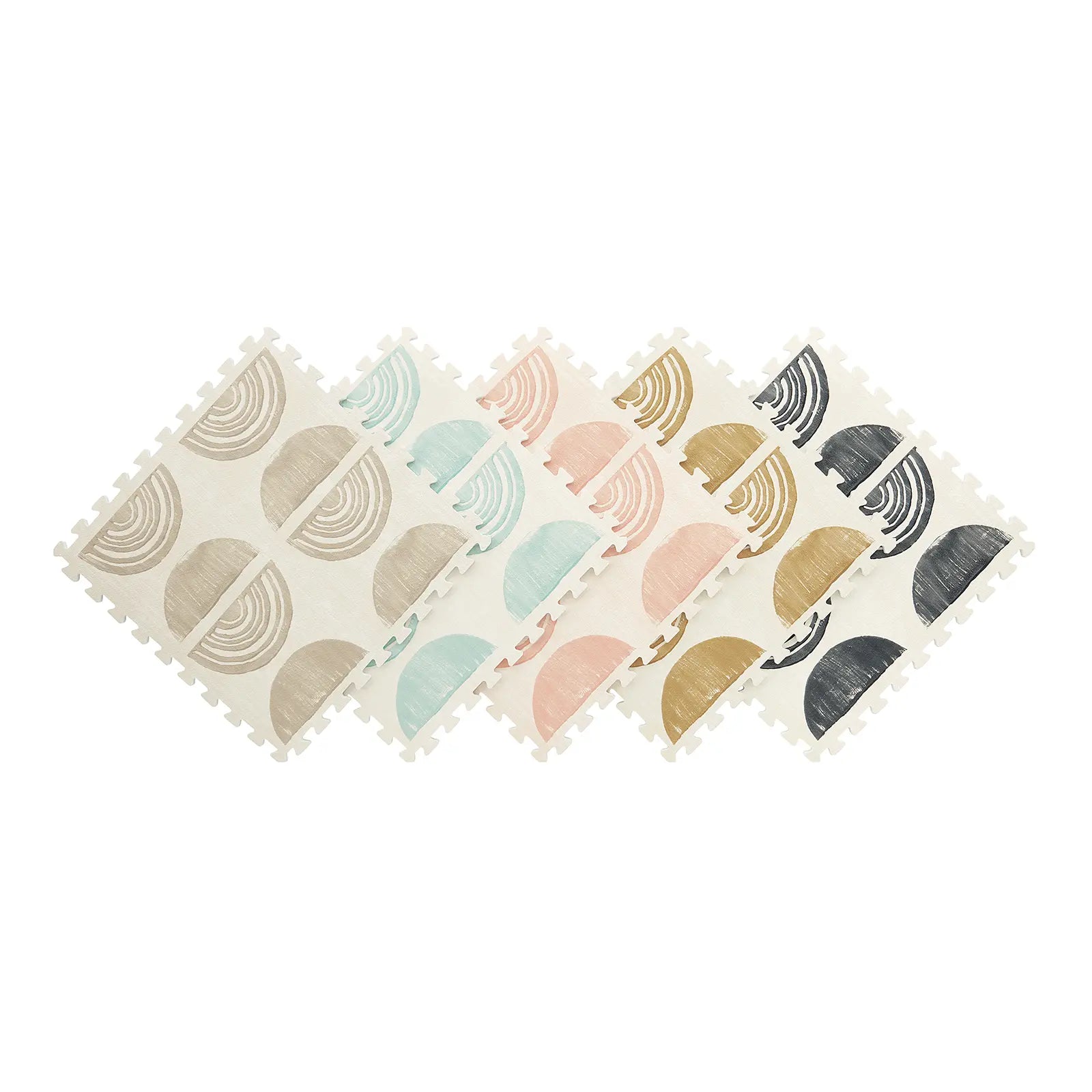 Overhead image of individual foam tiles of the Ada Play Mat in Pebble, Celadon, Melon, Sunflower, and Char.