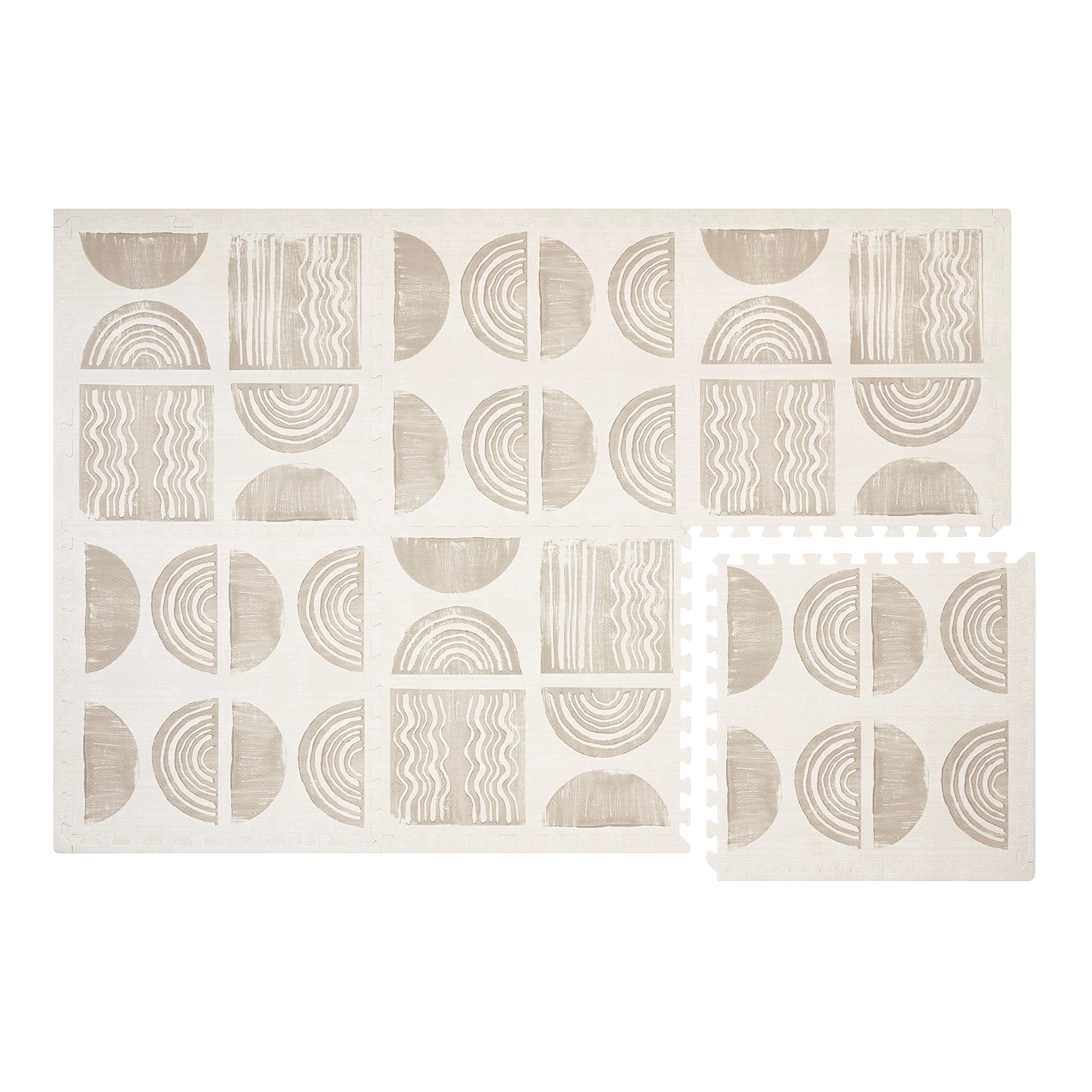 Overhead shot of the Ada modern minimalist baby play mat in Pebble taupe and off white. Shown in size 4x6 with 1 tile separated