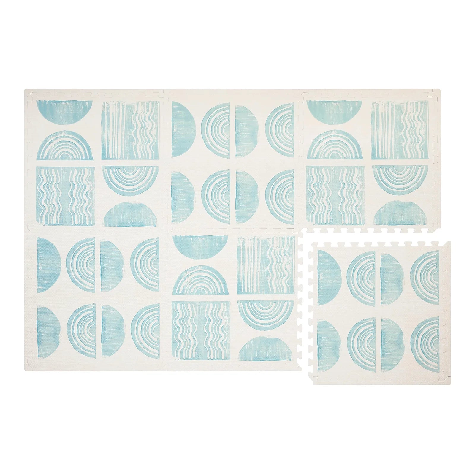 Overhead shot of the Ada modern minimalist baby play mat in Celadon, pale aqua blue and off white. Shown in size 4x6 with 1 tile separated