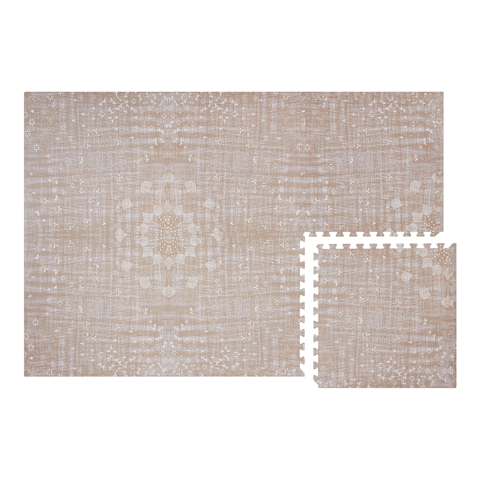Overhead shot of the Sand Castle neutral beige play mat. Shown in size 4x6 with 1 tile separated