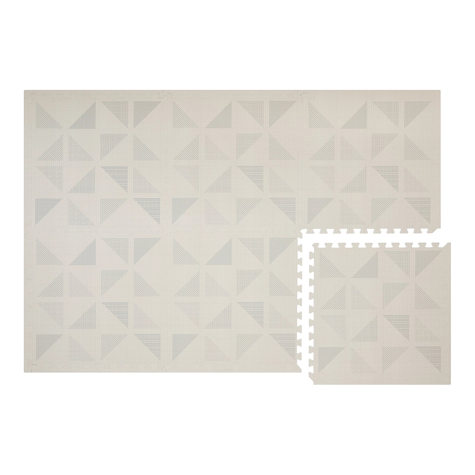 Overhead shot of the Terrazzo cream neutral geometric baby play mat. Shown in size 4x6 with 1 tile separated