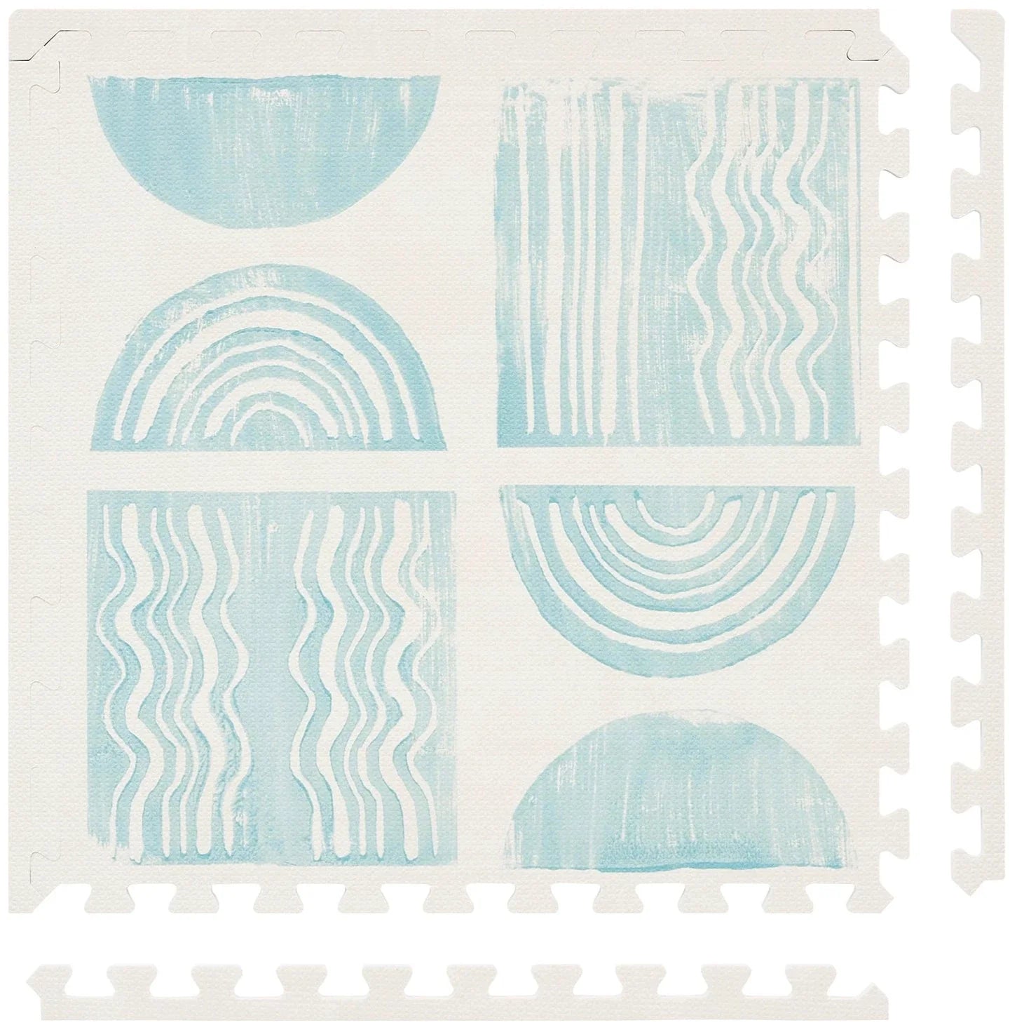 Close up shot of tile of the Ada modern minimalist baby play mat in Celadon, pale aqua blue and off white.