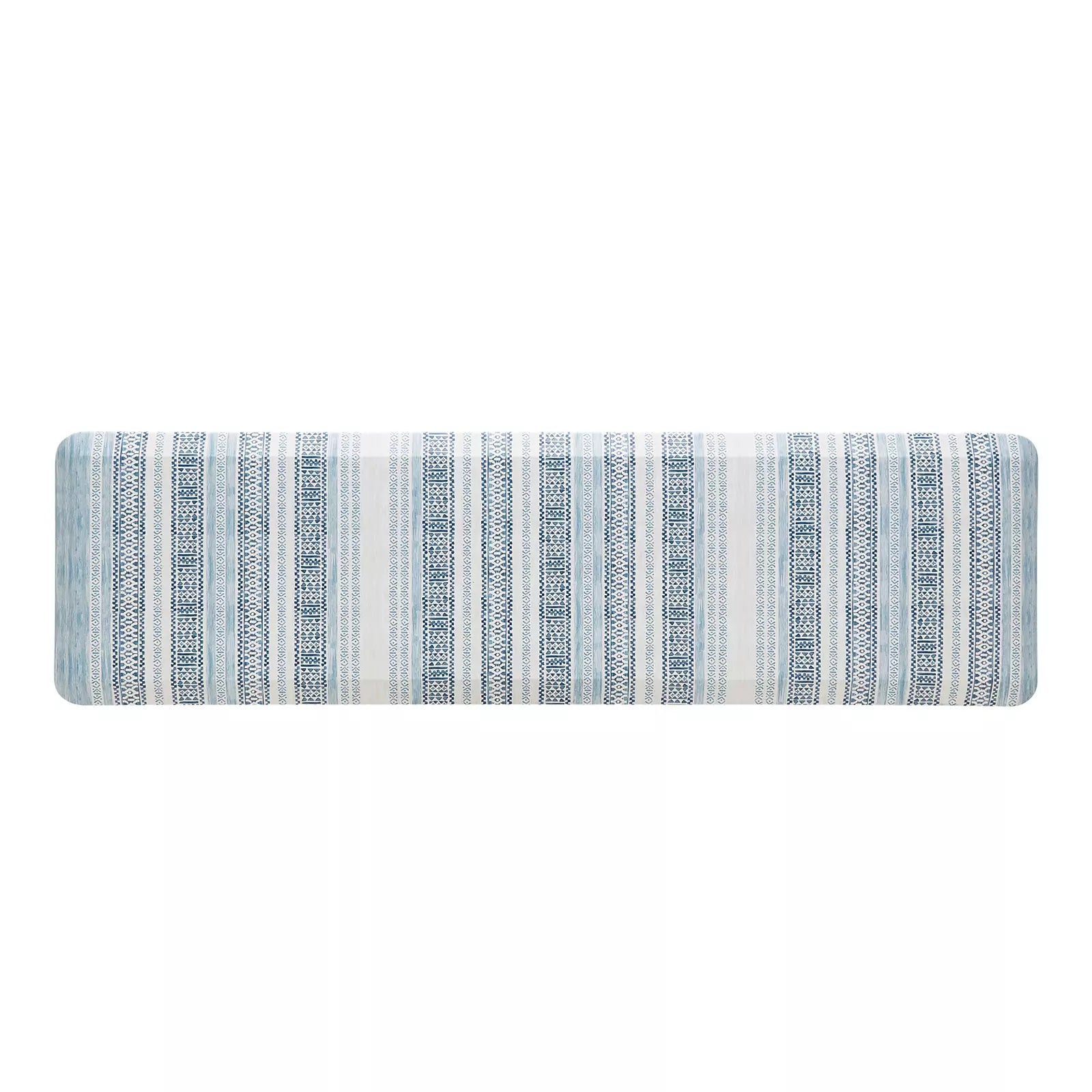 Blue and white boho stripe kitchen mat in size 20x72