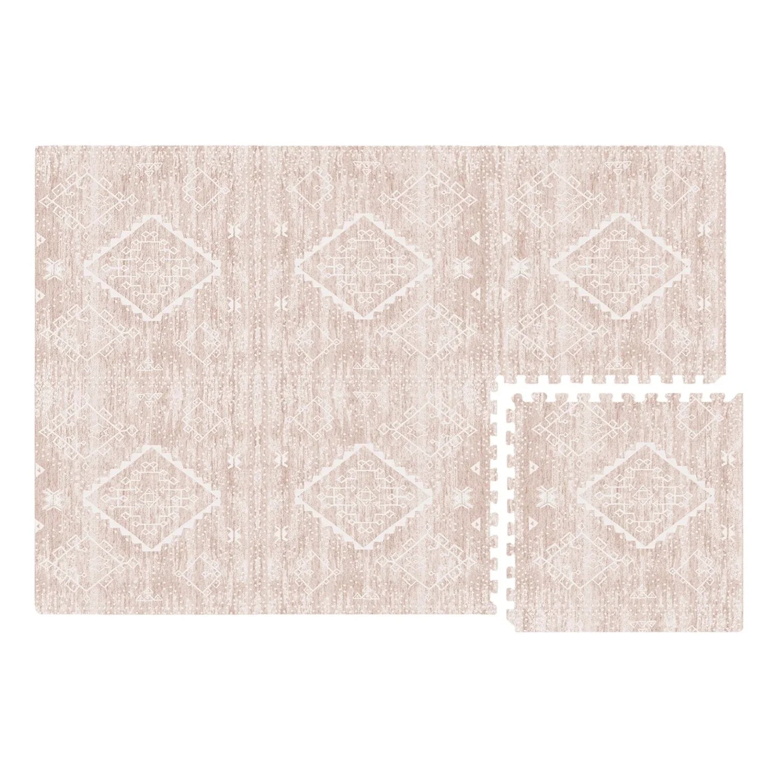 Overhead image of the Ula Sienna neutral pink minimal boho pattern play mat in size 4x6