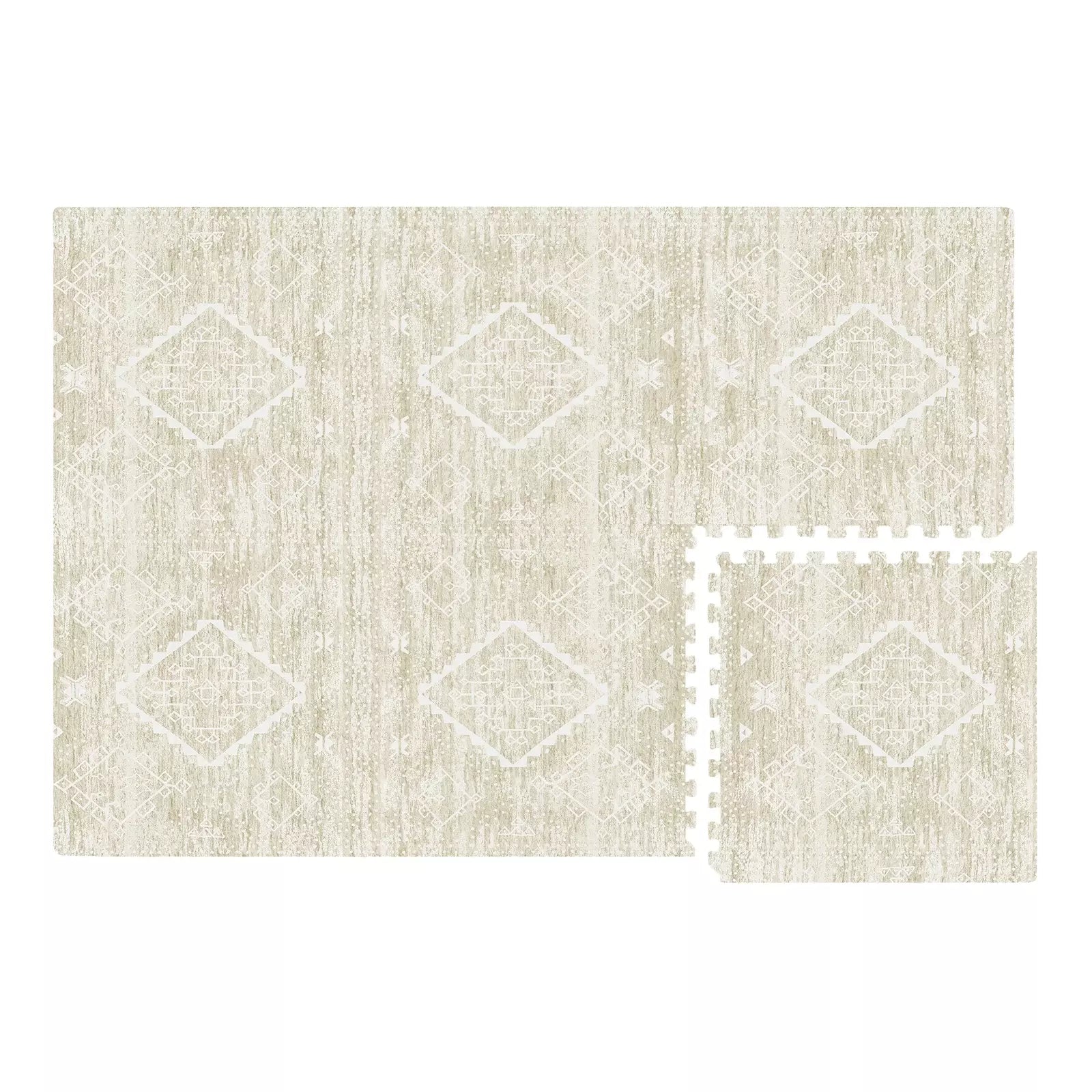 Overhead image of the Ula Straw neutral tan minimal boho pattern play mat shown in size 4x6 with 1 tile removed