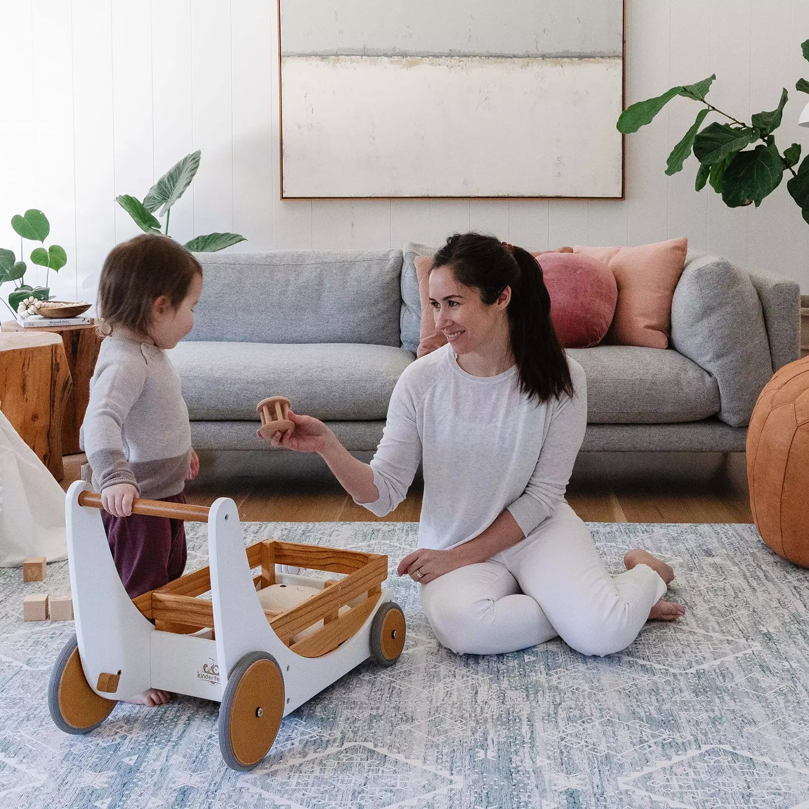 Indigo Blue Minimal Boho Pattern play mat in living room with mom and baby playing