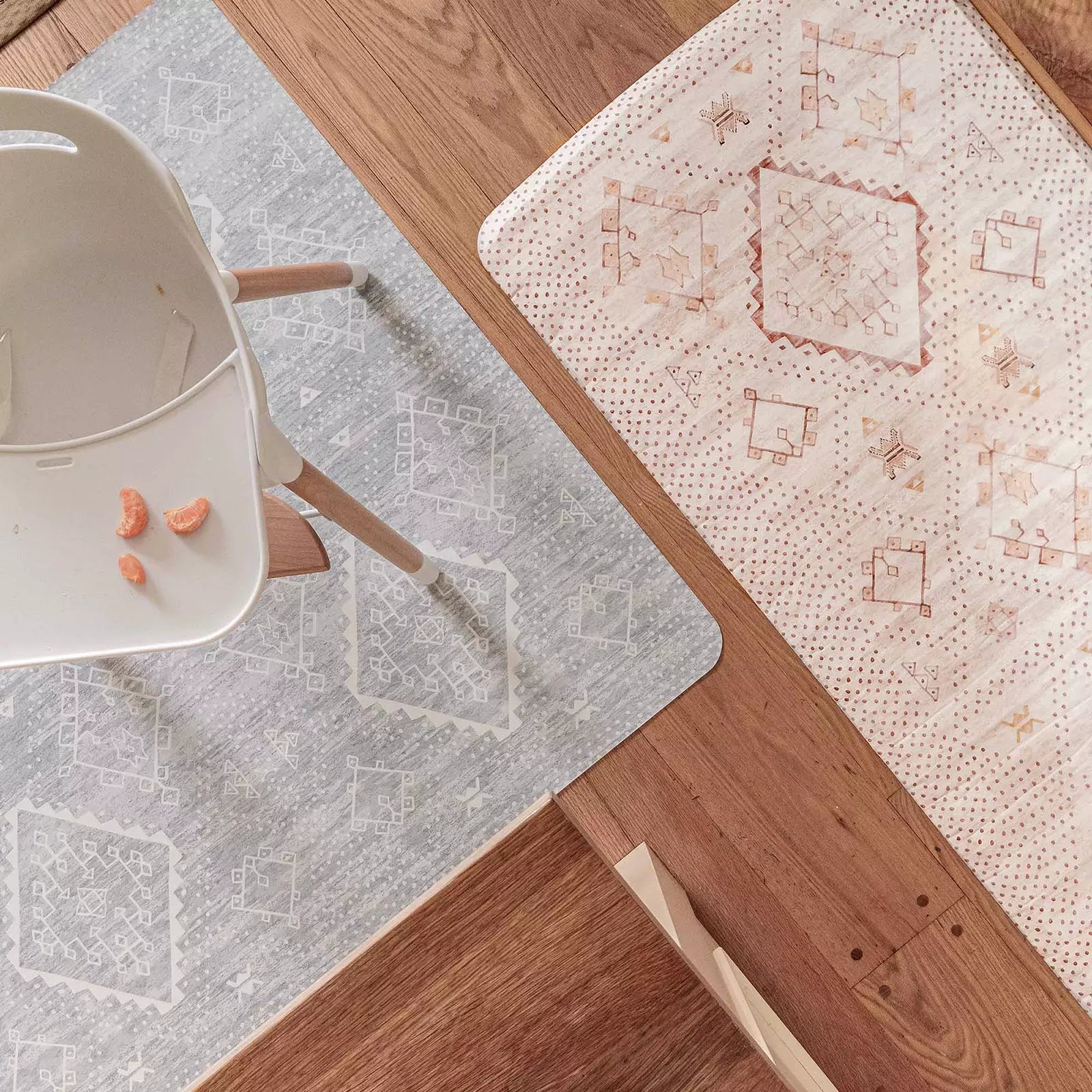 Ula Gray Minimal Boho Pattern highchair mat shown in kitchen from above