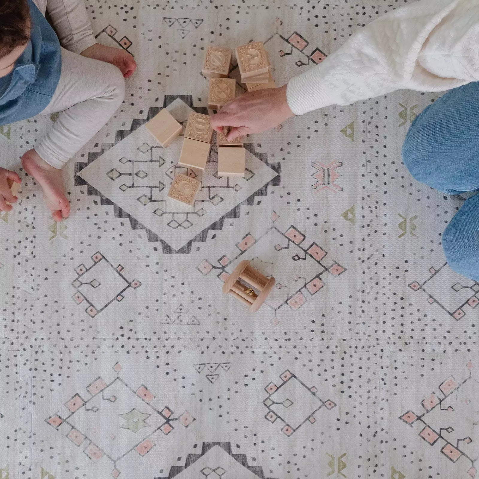 Oat Neutral Beige Minimal Boho Pattern play mat with mom and baby playing with blocks