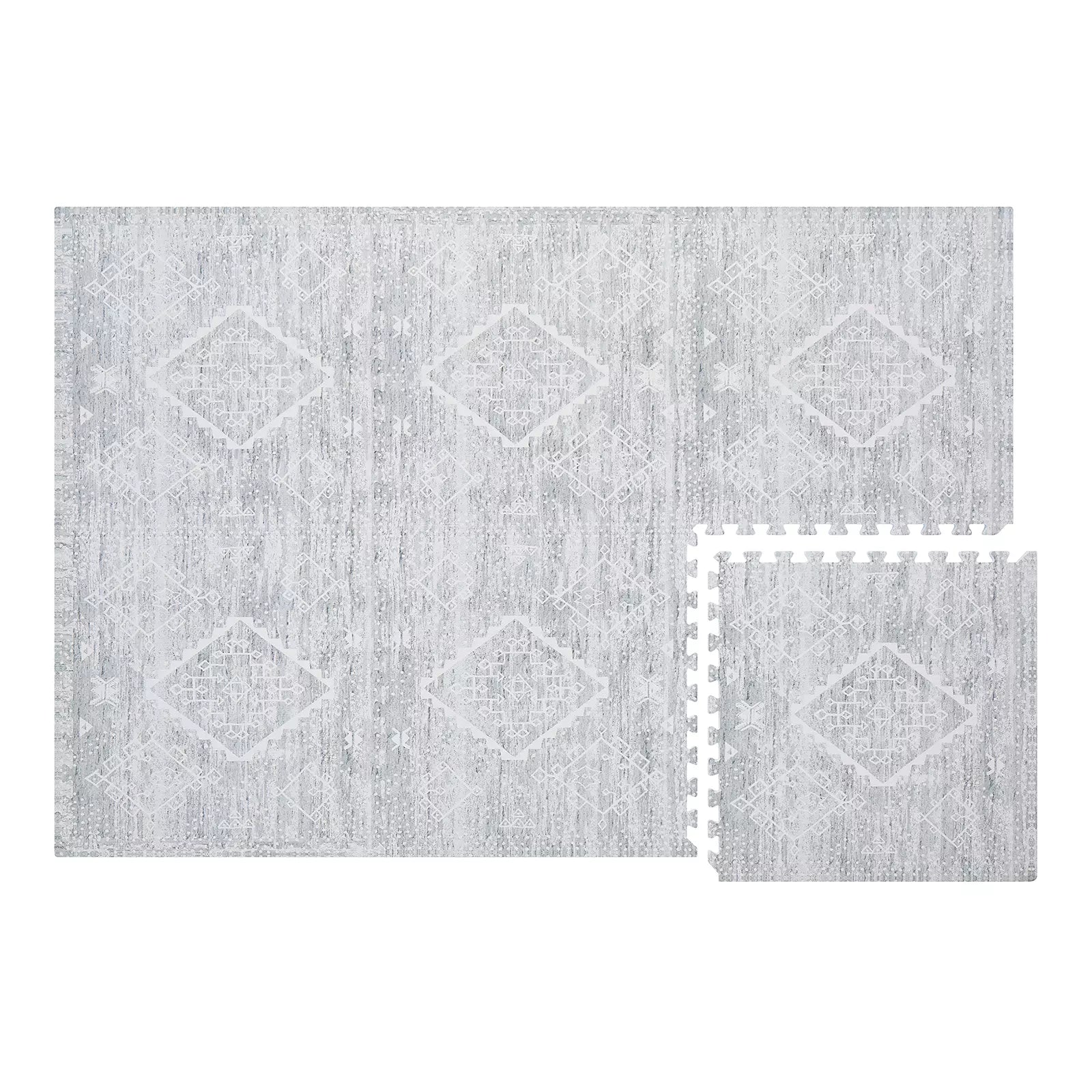 Gray and white minimal boho baby play mat shown in size 4x6 with 1 tile exposed