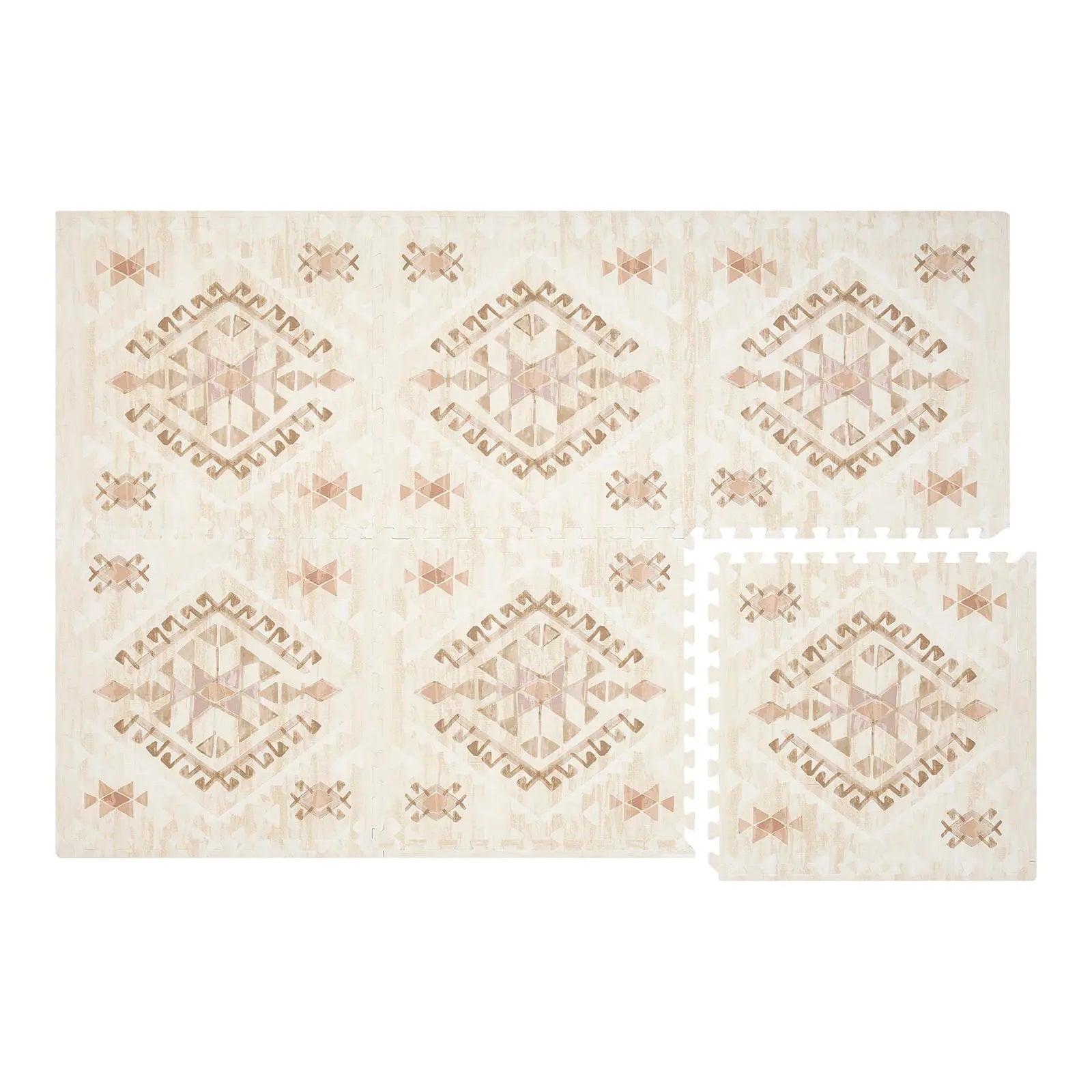 Nalla Mojave neutral beige brown and pink boho print play mat shown in size 4x6 with 1 tile exposed