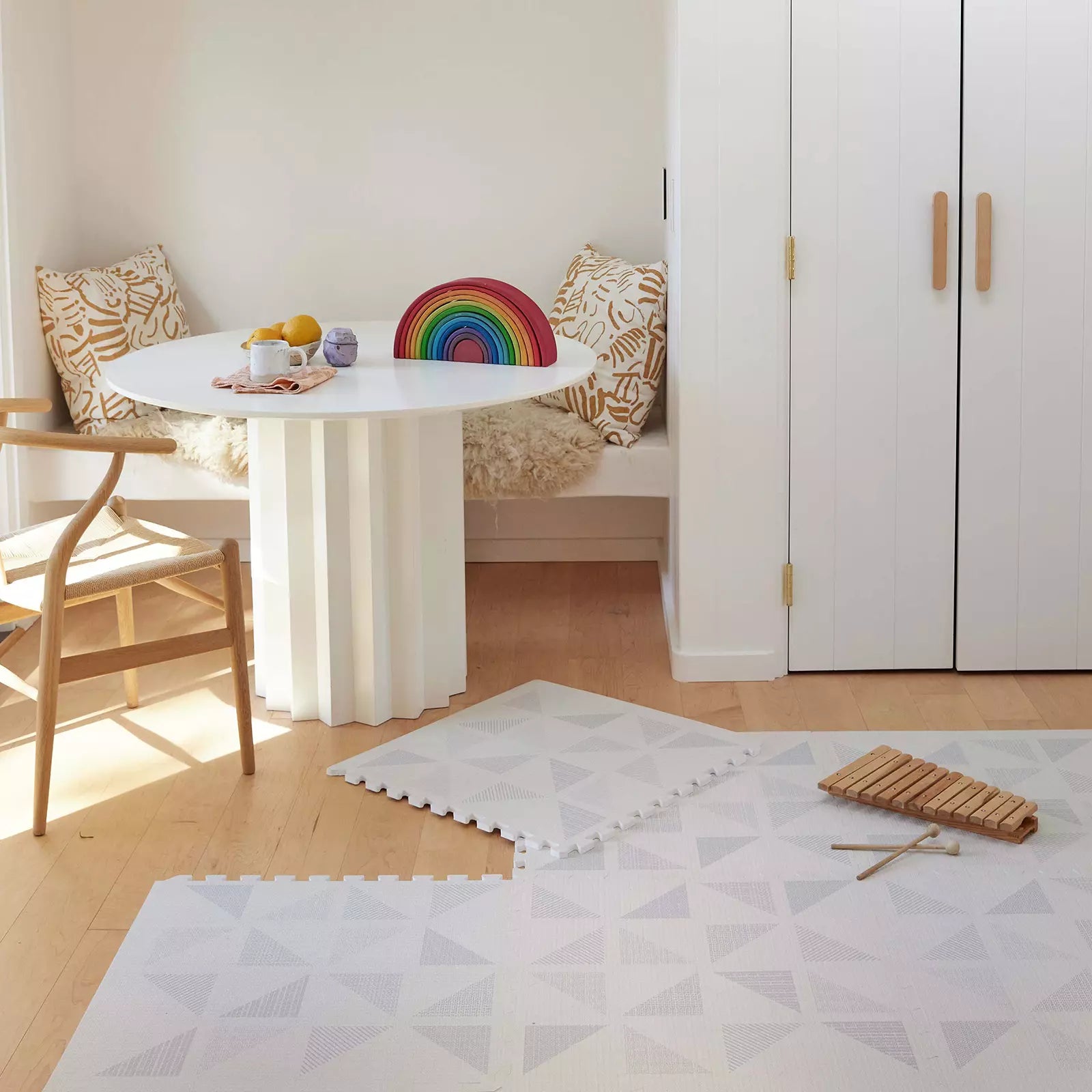 Terrazzo cream geometric play mat tile in nursery